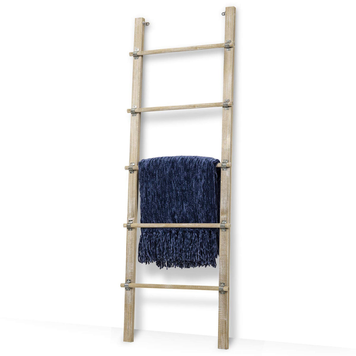 Mygift Solid Wood Vintage Brown Washed Wall Leaning Quilt Ladder, Farmhouse Bathroom Ladder Holder Rack With Rustic Metal Cuffs