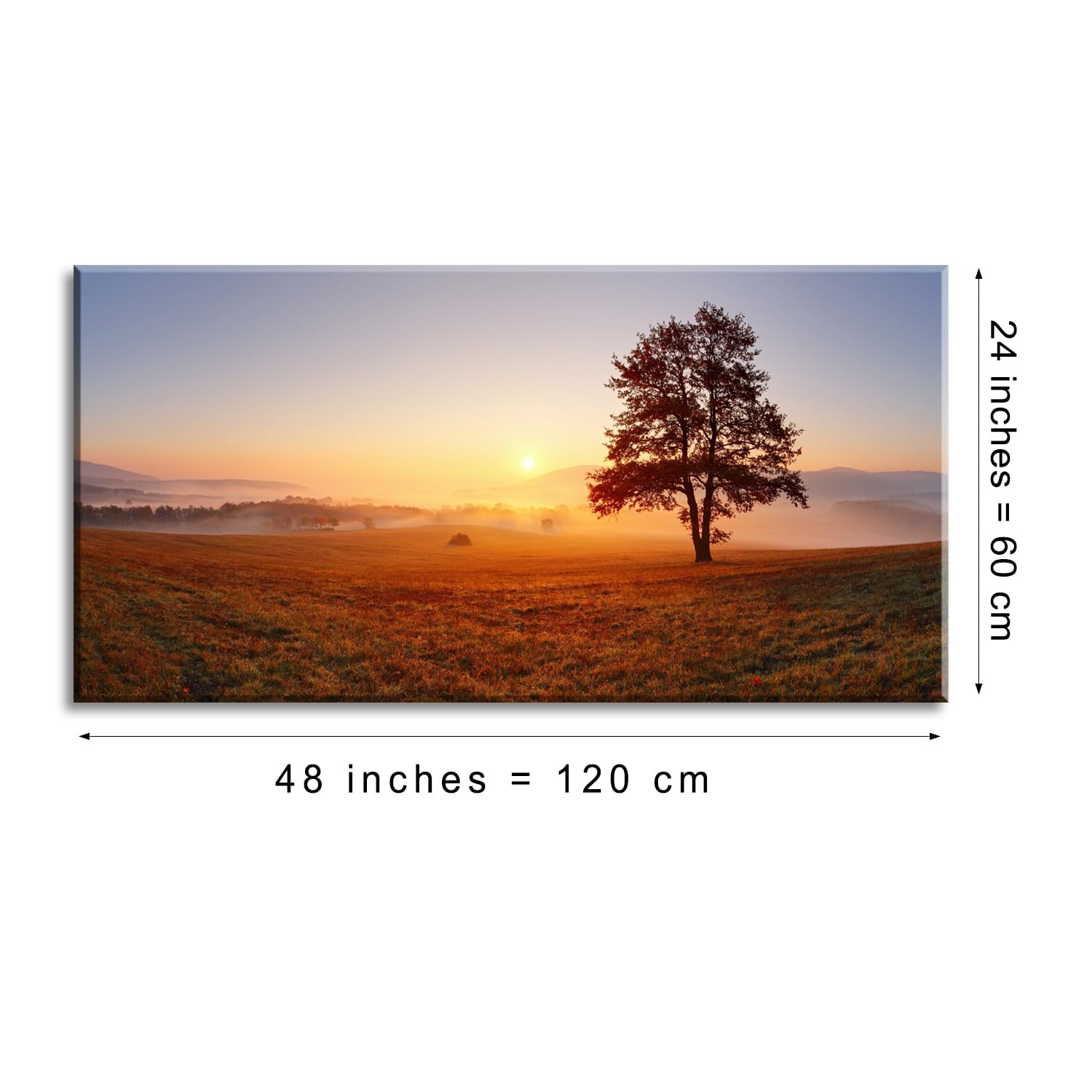 Lasdel Alone Tree On Meadow At Sunset With Mist Landscape Canvas Wall Art For Living Room Bedroom, Beautiful Nature Scenery Pain