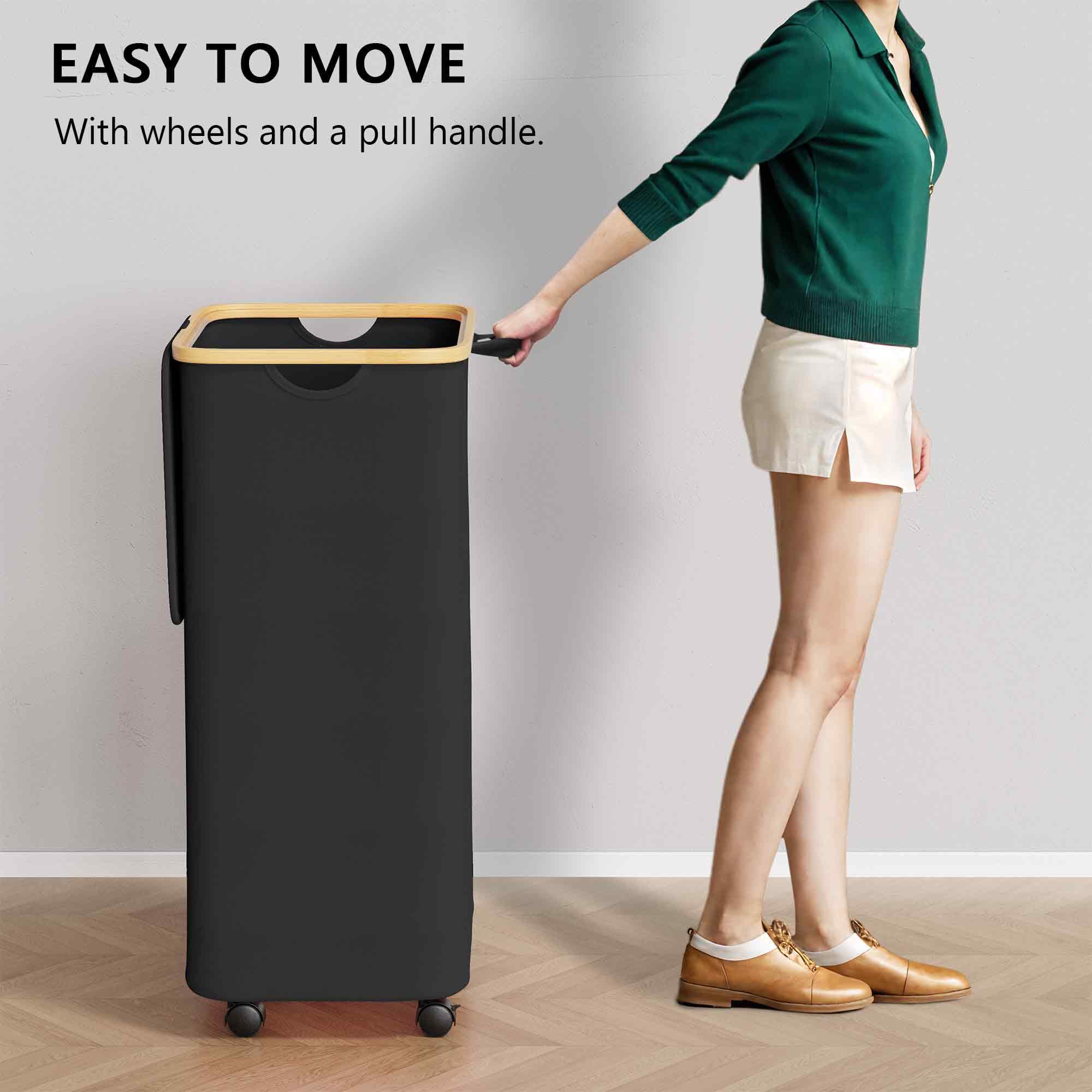 Suoco Laundry Hamper On Wheels 100L, Clothes Basket With Lid And Bamboo Handles, Foldable Laundry Hamper For Bedroom, Bathroom,