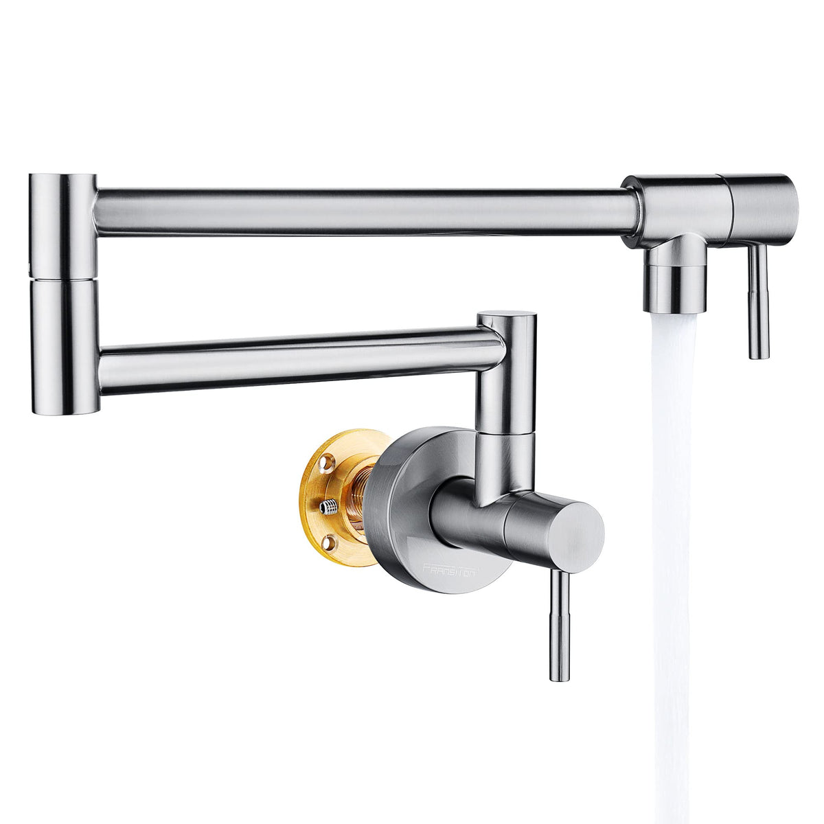 Fransiton Brushed Nickel Pot Filler – Wall Mount, Brass Folding Double-Joint Swing Arm, Single Hole, Two Handles