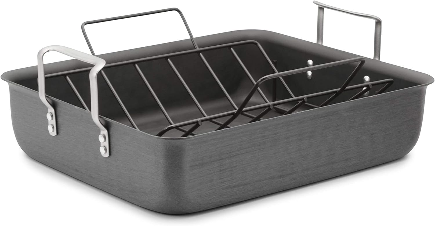 Calphalon Premier 16 Inch Hard Anodized 3 Layer Nonstick Kitchen Roasting Pan With Cool Touch Handle And Elevated V-Shaped Rack,