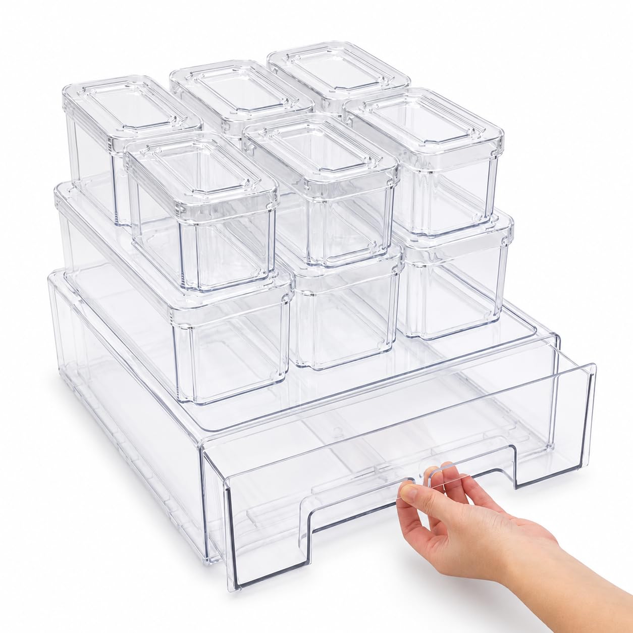 EASPACE Fridge Organizer Bins with Drawer, 10Pack Clear Stackable Container Set, BPAFree Plastic Refrigerator Storage Containe