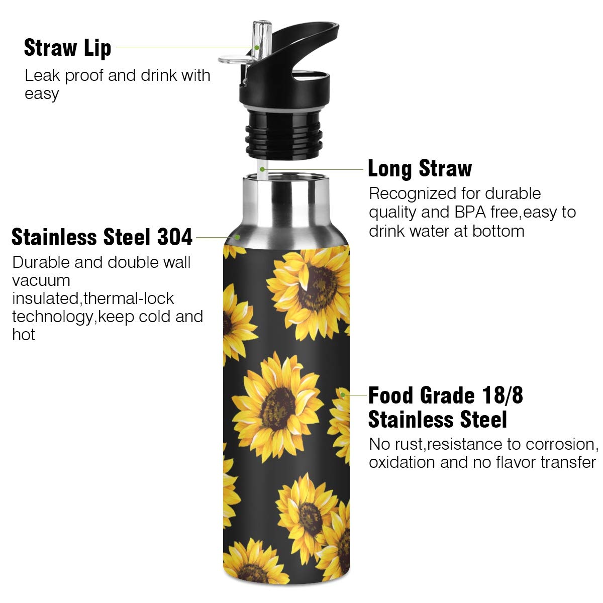 Alaza Sunflower Water Bottle With Straw Lid Kids Vacuum Insulated Stainless Steel Bpa Free Water Flask Thermo Mug Sport, 20 Oz H
