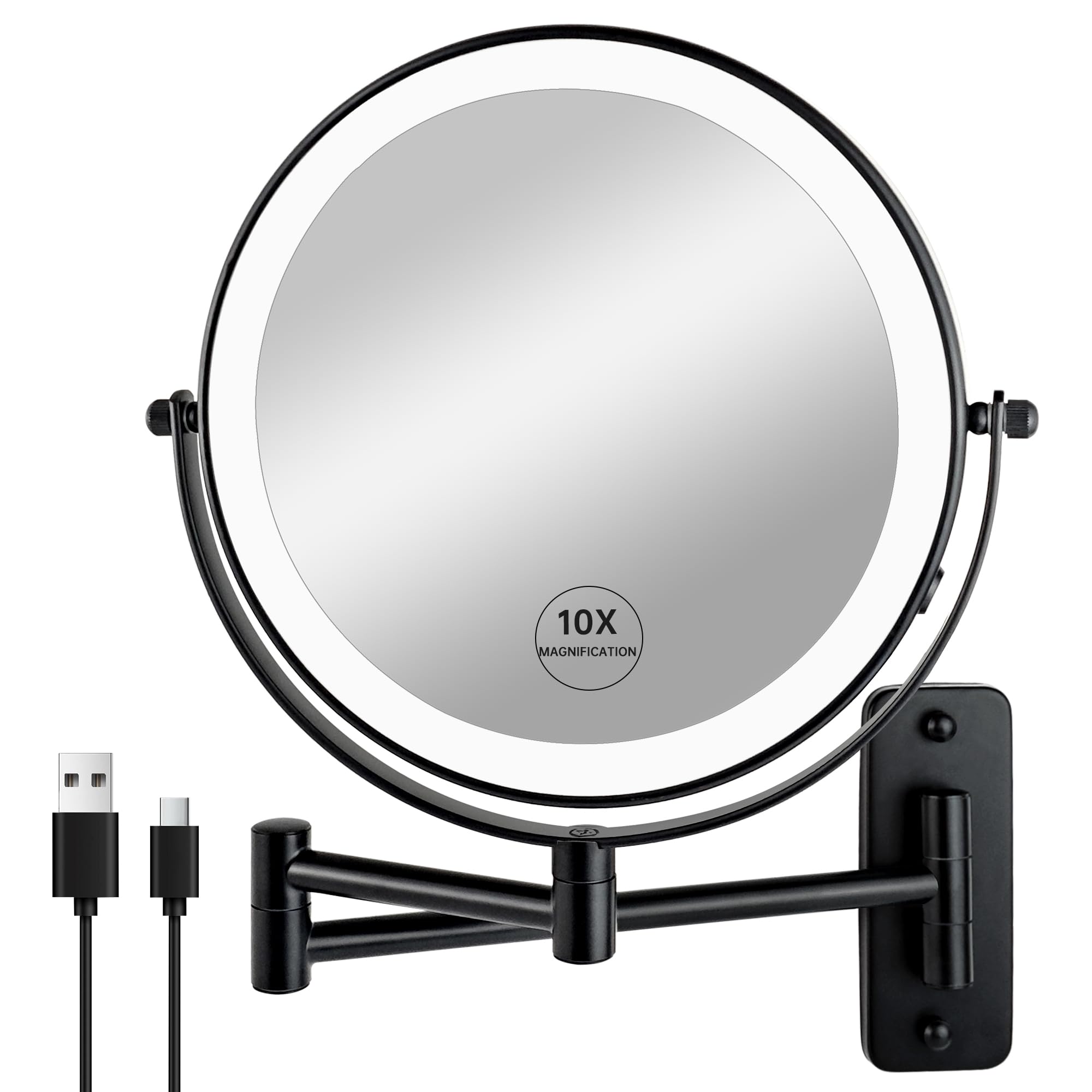 Janeeva 8'' Wall Mounted Lighted Makeup Mirror,Rechargeable Double Sided 1X/10X Magnifying Mirror With 3 Color Lights,Touch Dimm
