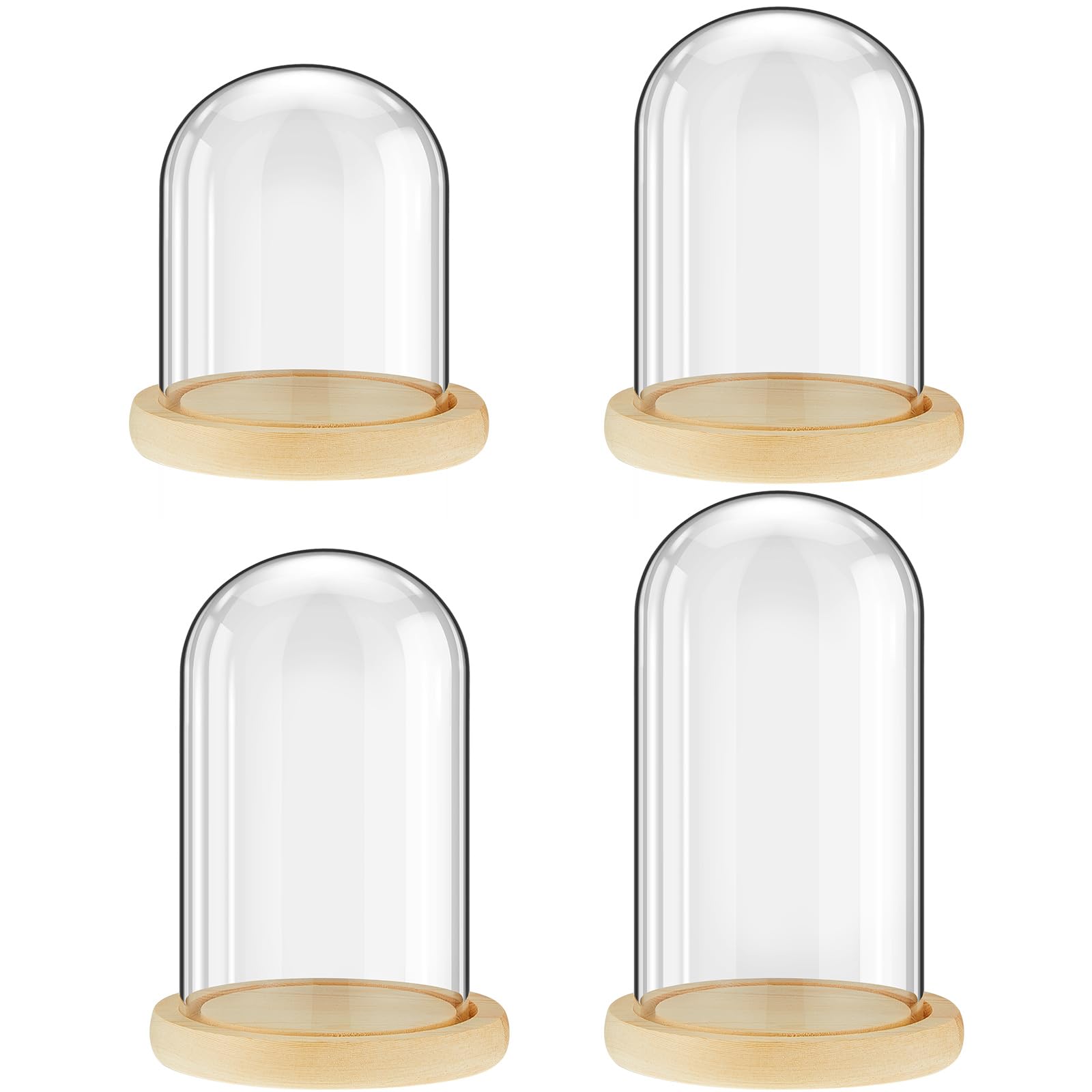 Suclain 4 Pcs Glass Display Dome Cloche Clear Dome Cloche with Wood Base Tabletop Jar Display Case for Home Office Wedding(Wood 