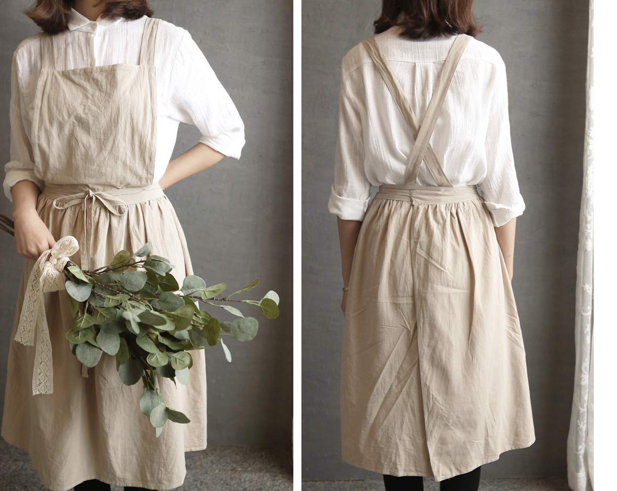 Losofar Women Girls Vintage Apron Adjustable Gardening Works Cross Back Cotton/Linen Blend Aprons Pinafore Dress With Two Pocket