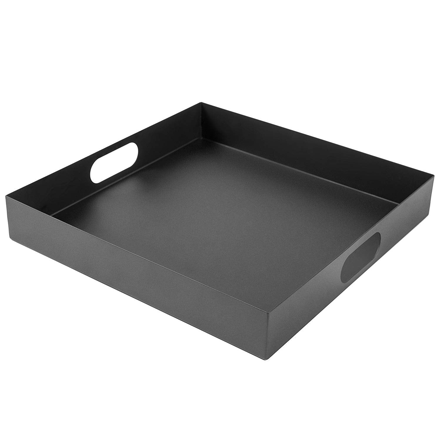 Indian Decor Square Metal Breakfast Serving Tray With Oval Cutout Handles, 16 Inch , Black