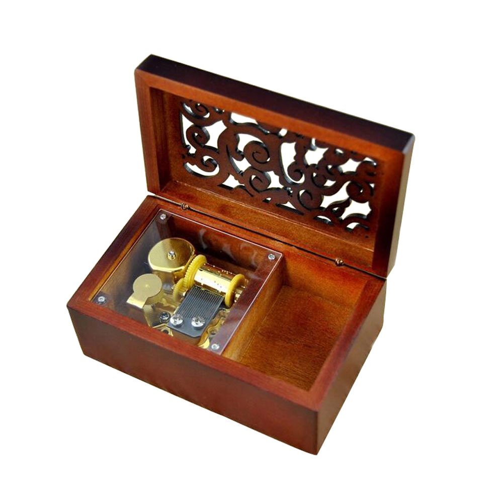 FnLy Antique Engraved Wooden Wind-Up Musical Box,Over The Rainbow Musical Box,with Gold-Plating Movement in,Rectangle