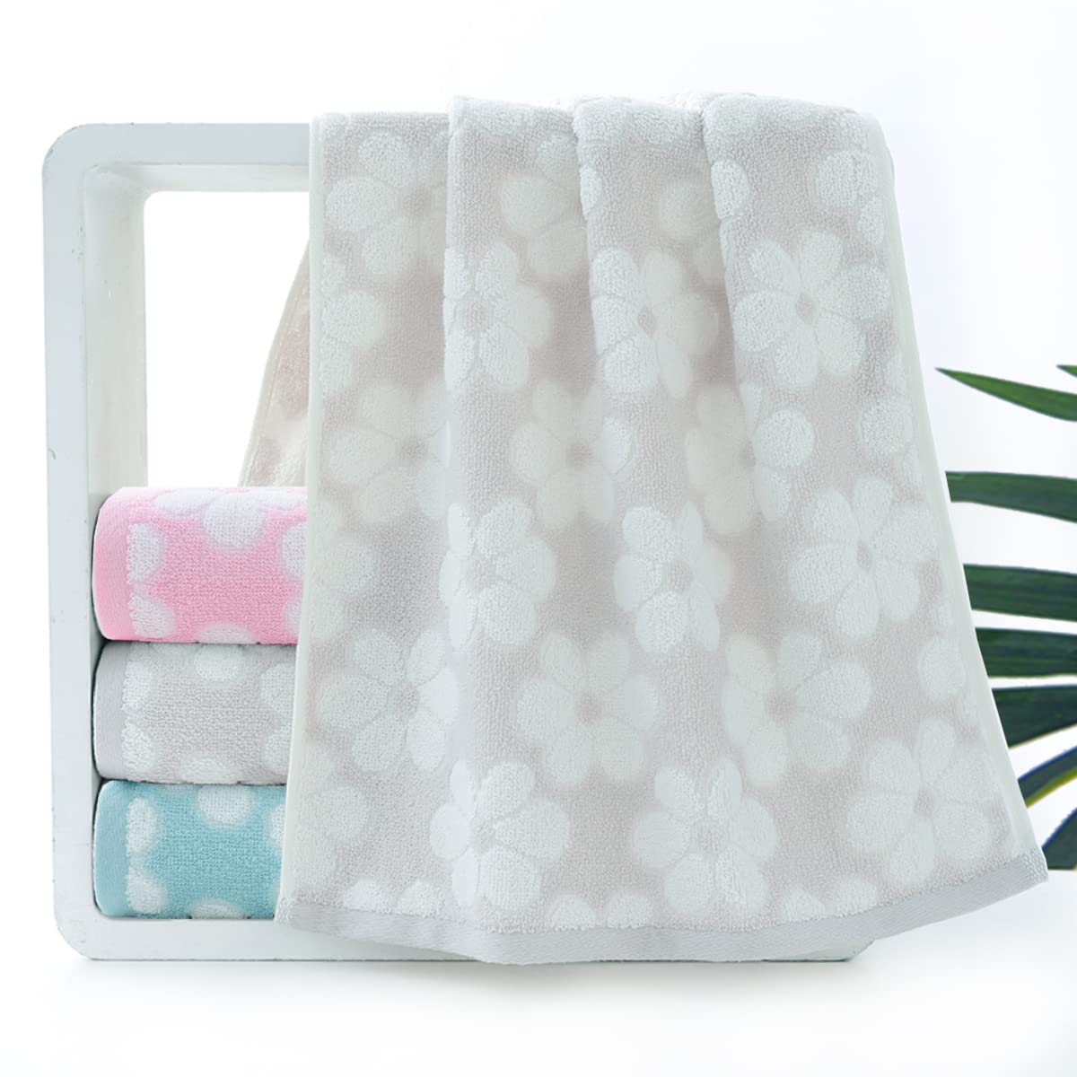 Pidada Hand Towels Set Of 2 Floral Pattern 100% Cotton Soft Absorbent Decorative Towel For Bathroom 13.4 X 29.1 Inch (Light Grey