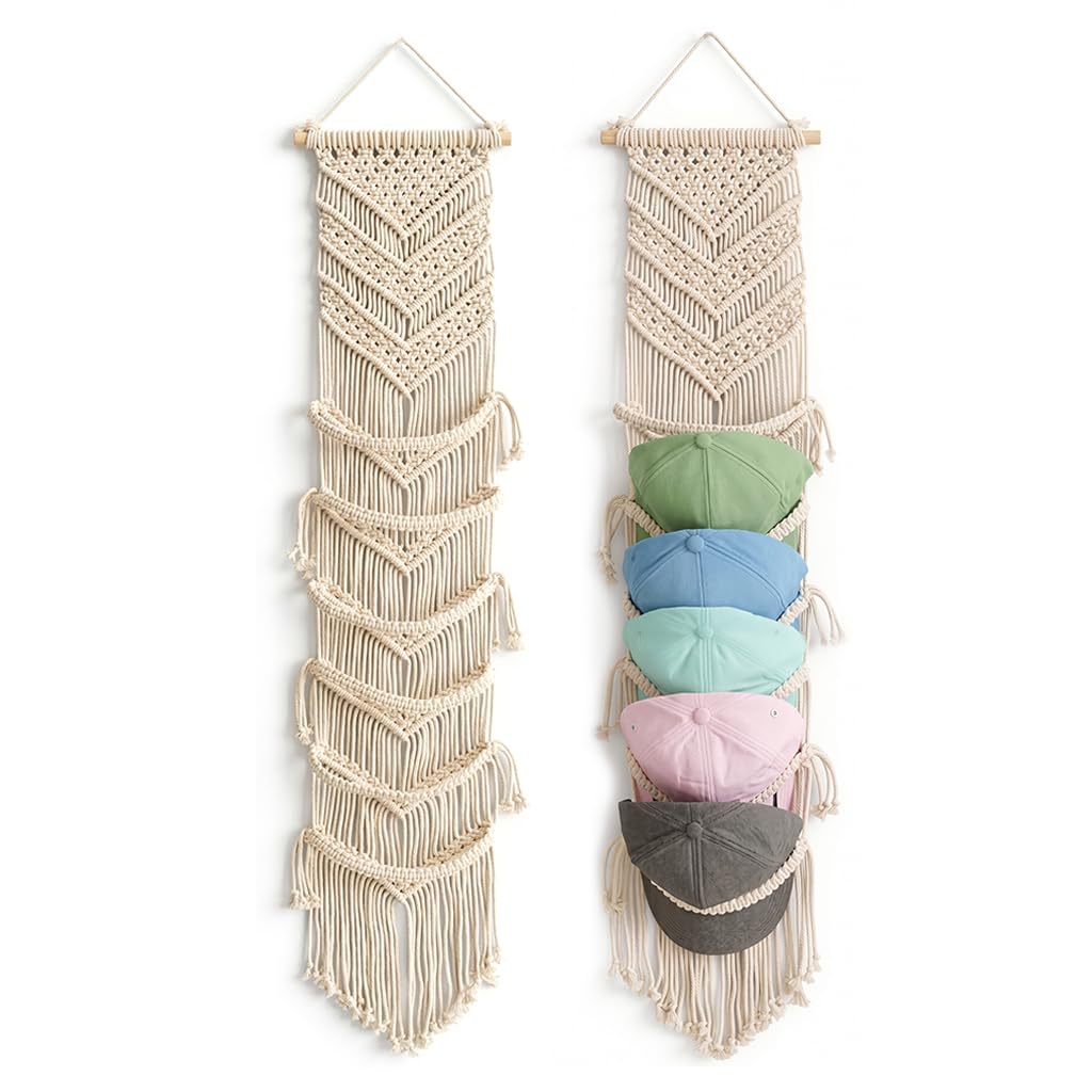 Zibuyu Boho Macrame Hat Organizer Wall Hanging, Cotton Rope Cap Holder For 68 Baseball Caps, Elegant Woven Loops, Beige Fringe 