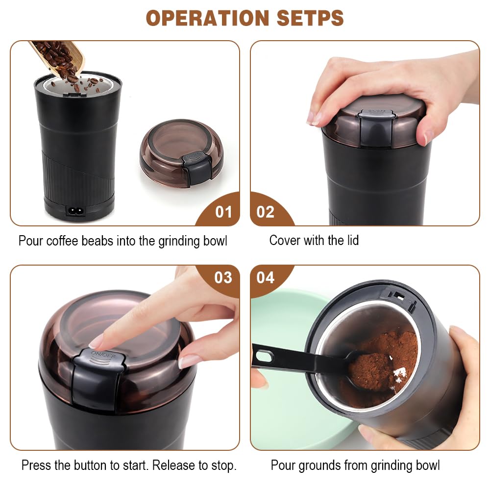 Finphoon Coffee Grinder Electric, Herb Grinder, Coffee Bean Grinder Small, Spice Grinder With Integrated Brush Spoon For One-Tou