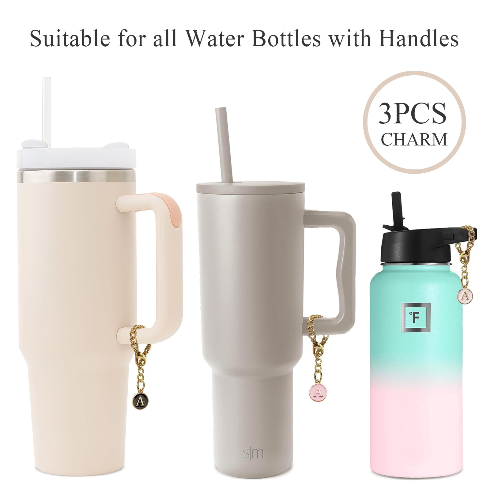 Ekarley Letter Charm Accessories For Stanley Cup, 3Pcs Initial Chain Water Bottle Handle Name Id Charm For Tumbler Cups-M