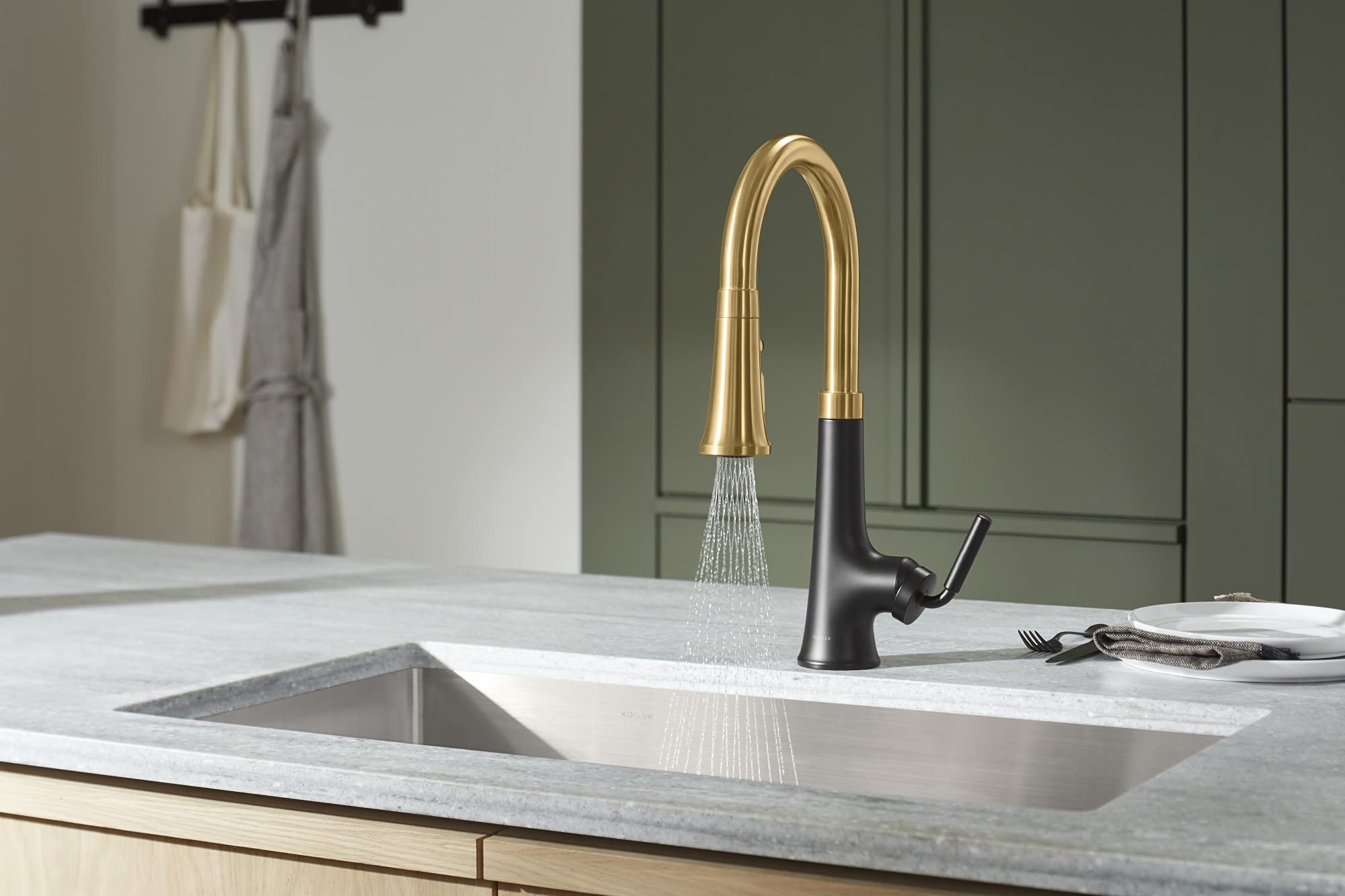 Kohler 23766-Wb-Bmb Tone Voice-Activated Sink, Touchless Kitchen Faucet With Pull Down Sprayer, Matte Black With Moderne Brass
