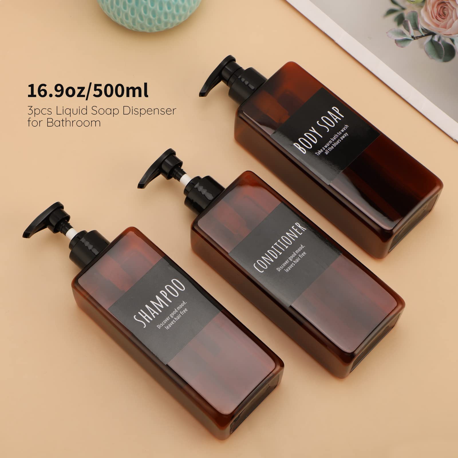 16.9Oz Shampoo Bottles, Segbeauty 3Pcs 500Ml Pump Press Shower Containers With Labels, Empty Refillable Shampoo Body Soap Condit