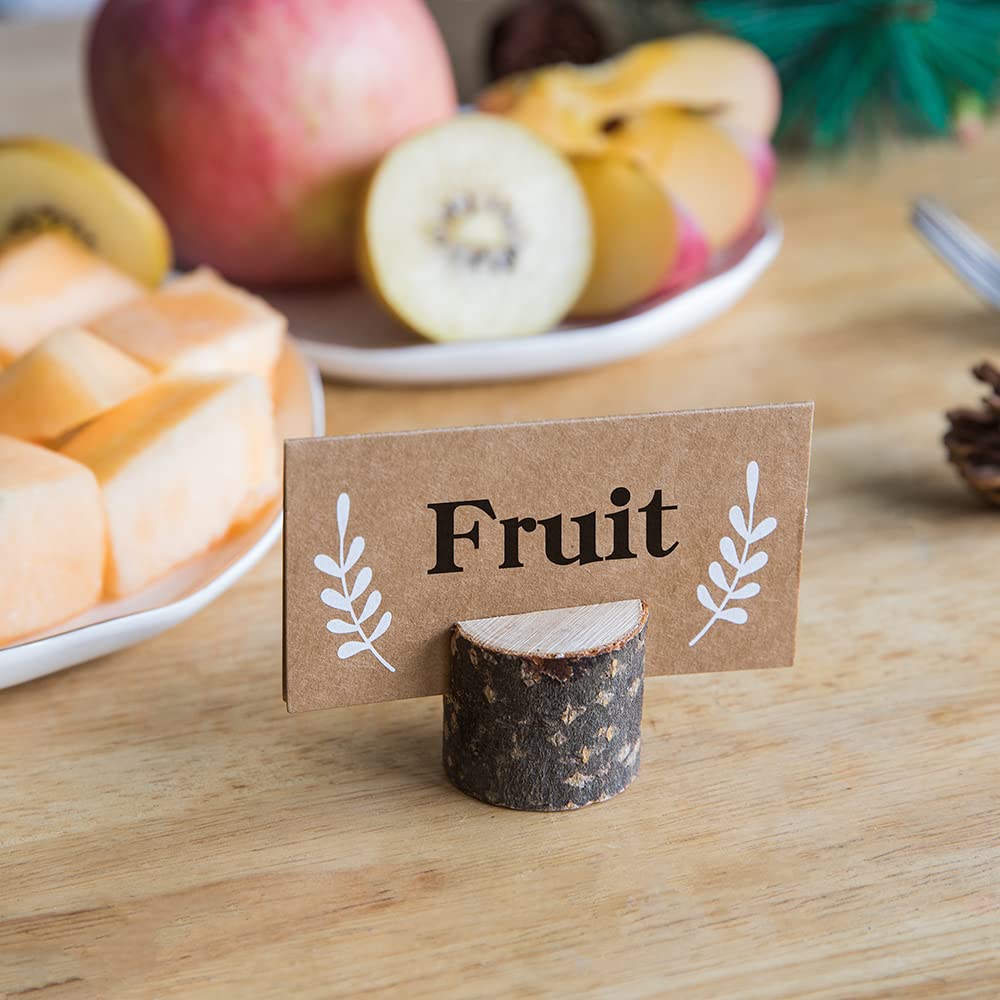 Jofefe 20Pcs Wood Place Card Holders And 24Pcs Kraft Table Place Cards, Rustic Table Number Holders, Food Labels, Name Card Phot