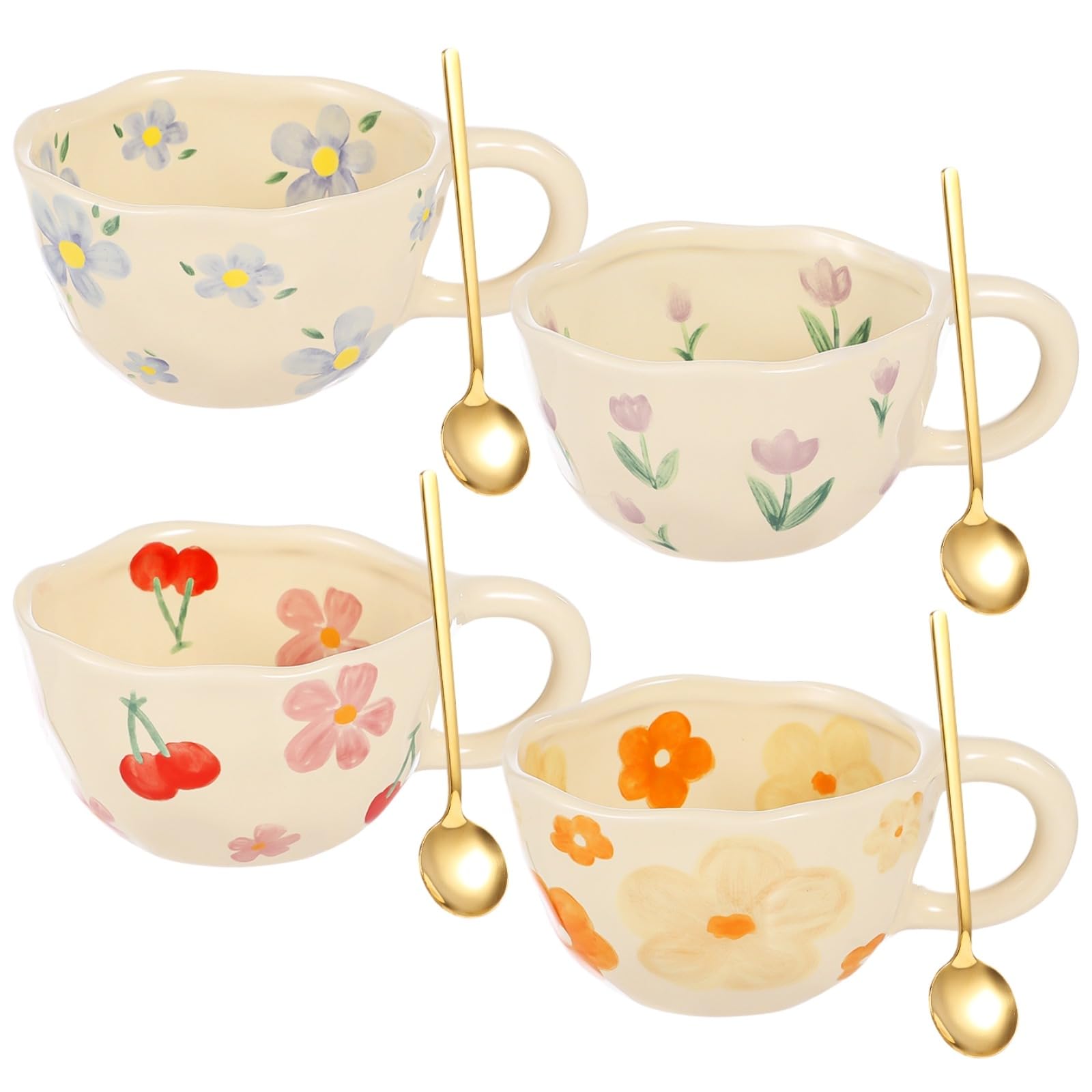 Homaisson Set of 4 Flower Ceramic Coffee Mugs, 8 OZ Floral Tea Cup Set with Spoons, Cute Cappuccino Cups Set, Porcelain Espresso