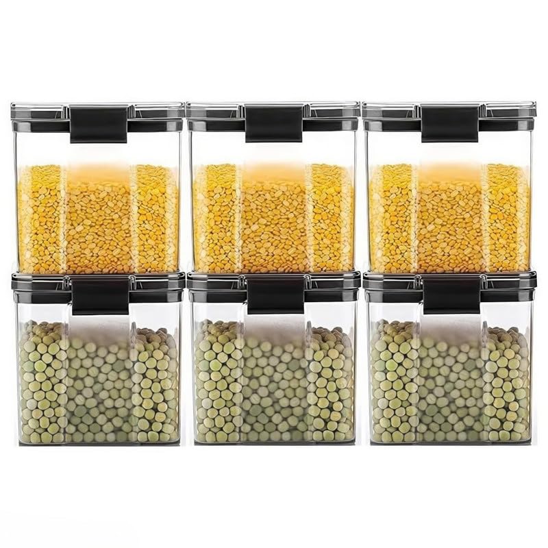 Flymore 700 Ml Airtight Food Storage Container Set  6 Black Plastic Jars For Dry Fruits, Spices, Snacks, Cereals, Pulses, Sugar