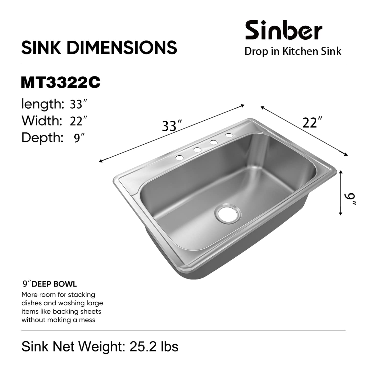 Sinber 33'' x 22'' x 9'' Drop In Single Bowl Kitchen Sink with 18 Gauge 304 Stainless Steel Satin Finish MT3322C (Sink Only)