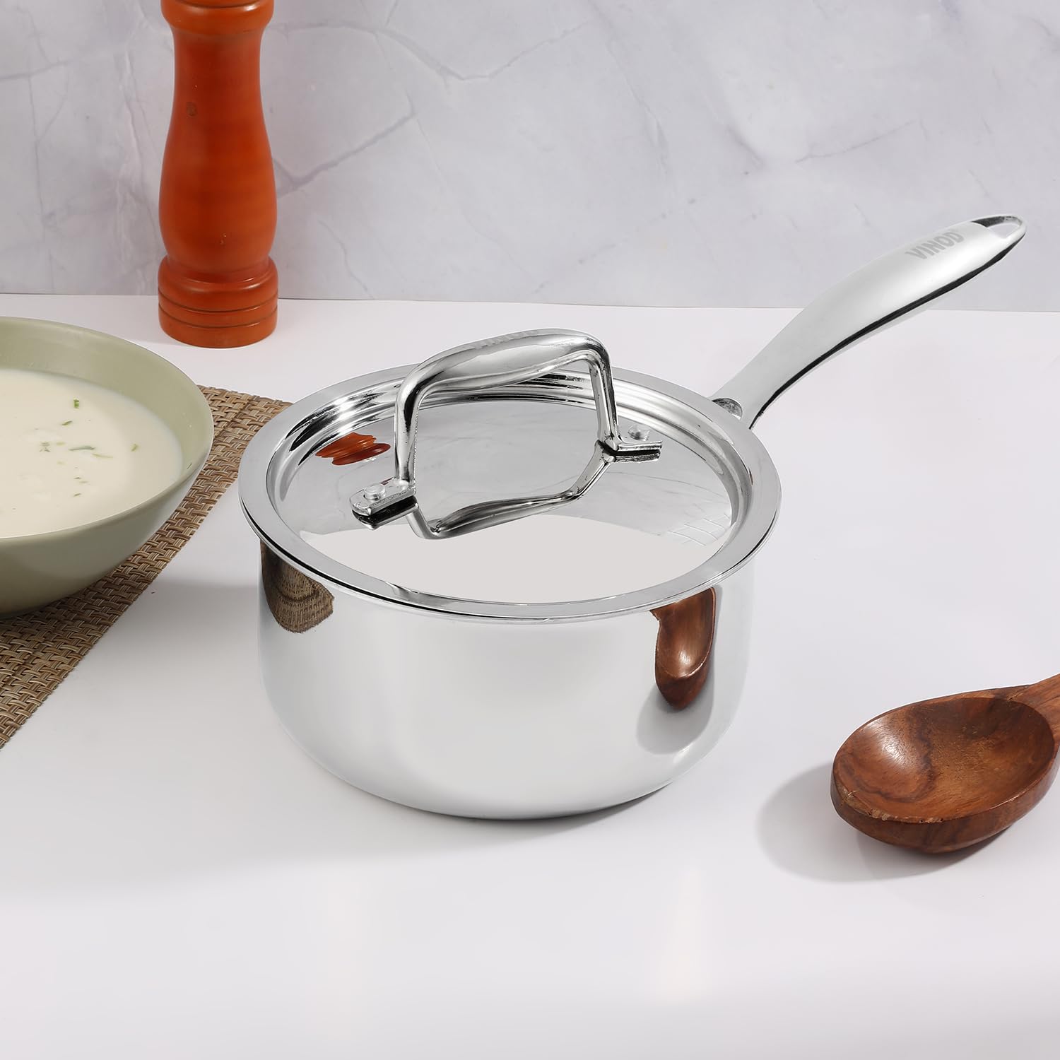 Vinod Platinum Triply Stainless Steel Saucepan with Lid - 2.2 litres (18 cm) | 2.5 mm Thick | Tea, Chai Pan | 5 Year Warranty |