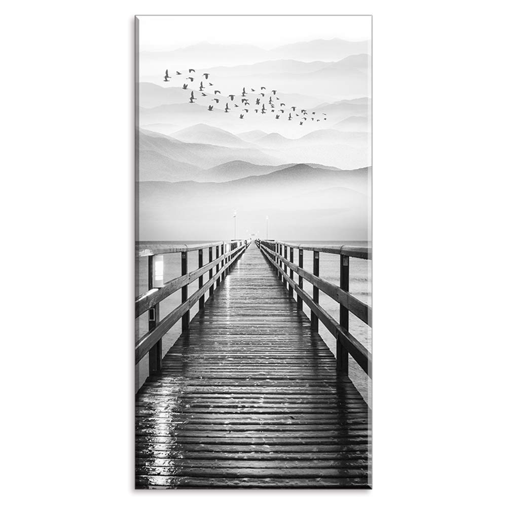 Lake Wall Art For Aisle Corridor, Piy Black And White Pier With Birds Flying Canvas Prints Decor, Vertical Calm Wharf Mountain L