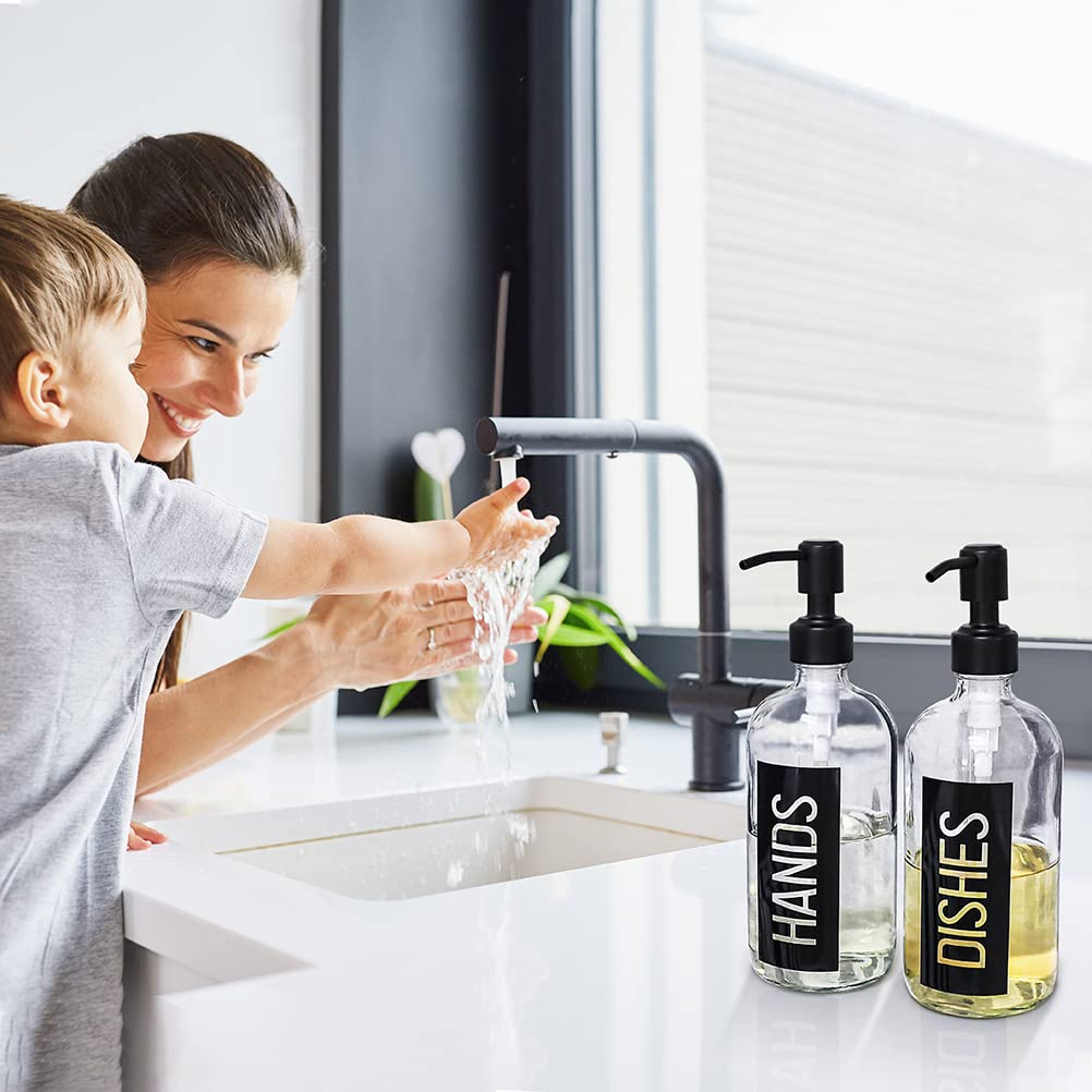 Jasai 2Pack 18Oz Glass Soap Dispenser With Black Stainless Steel Pump, Kitchen Soap Dispenser With Classy Black Hands & Dishes L