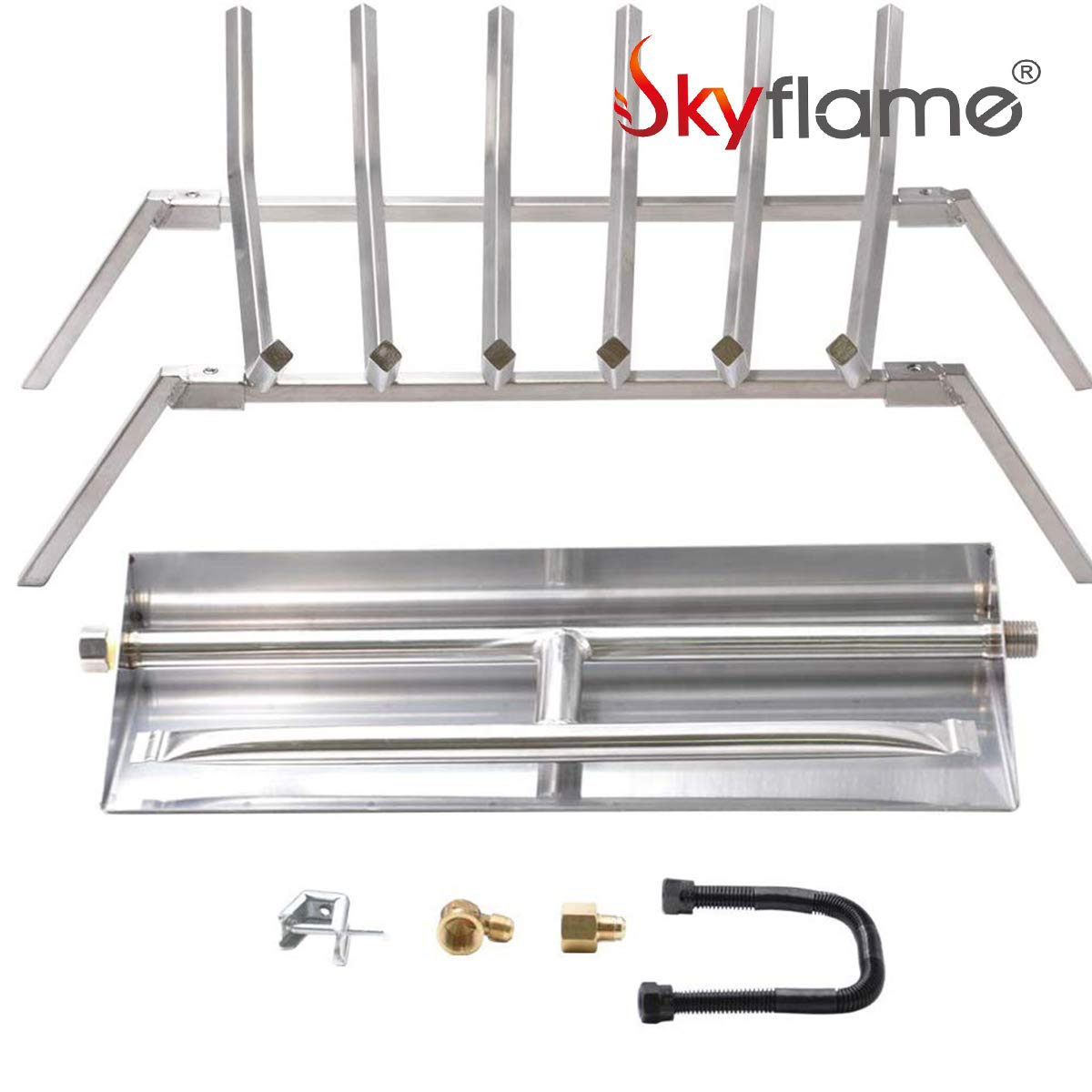 Skyflame 18-Inch Fireplace Log Grate With Dual Burner Pan And Connection Kit For Natural Gas, 304 Stainless Steel