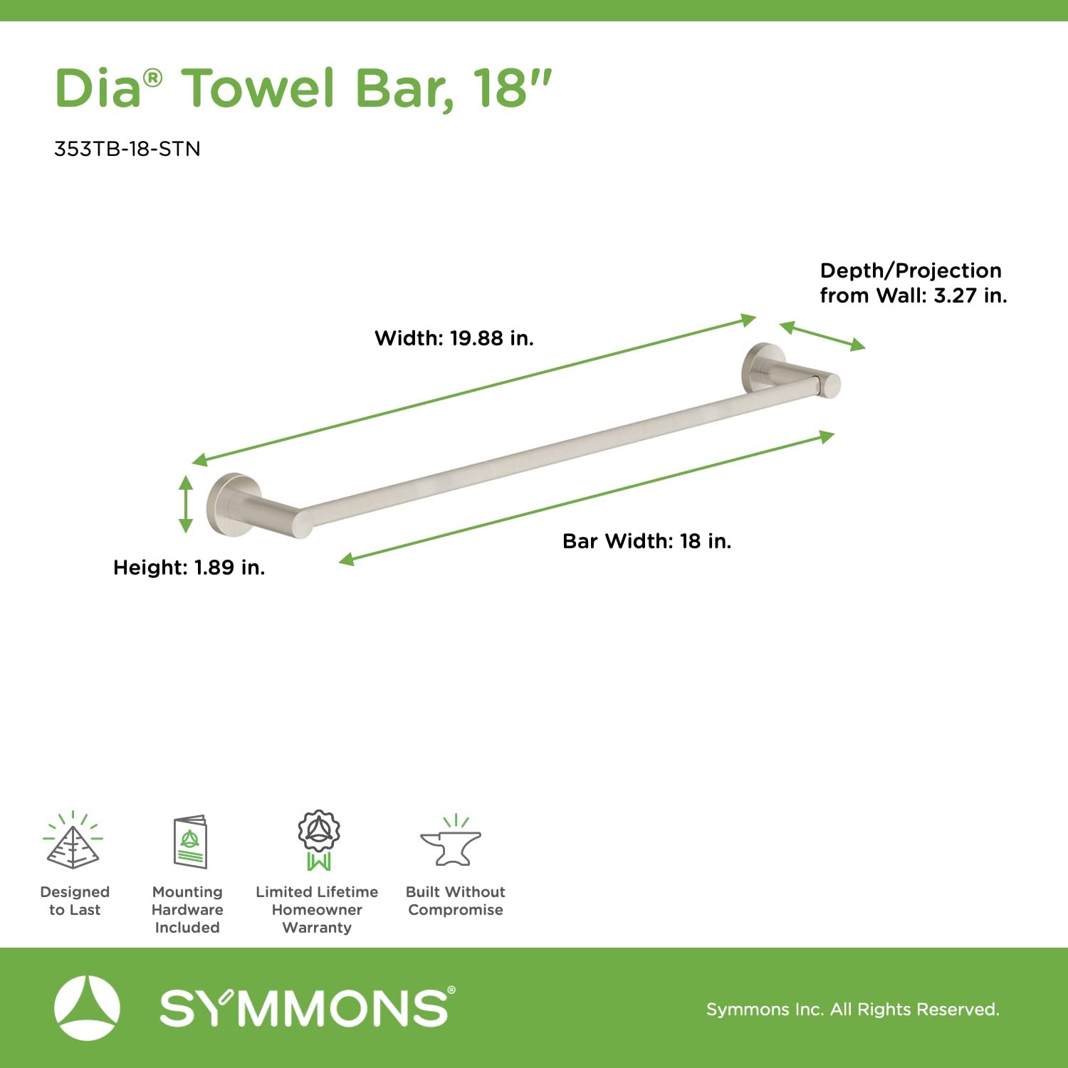 Symmons 353Tb-18-Stn Dia 18 In. Wall-Mounted Towel Bar In Satin Nickel