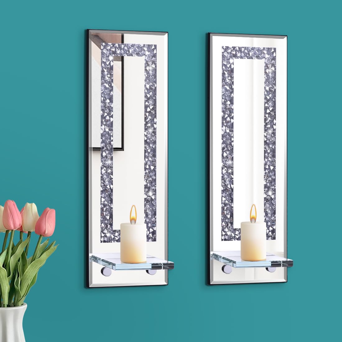 Pibeyer Crystal Crush Diamond Candle Holder Set of 2, Rectangle Silver Mirrored Candle Sconces, Wall Decorations for Living Room