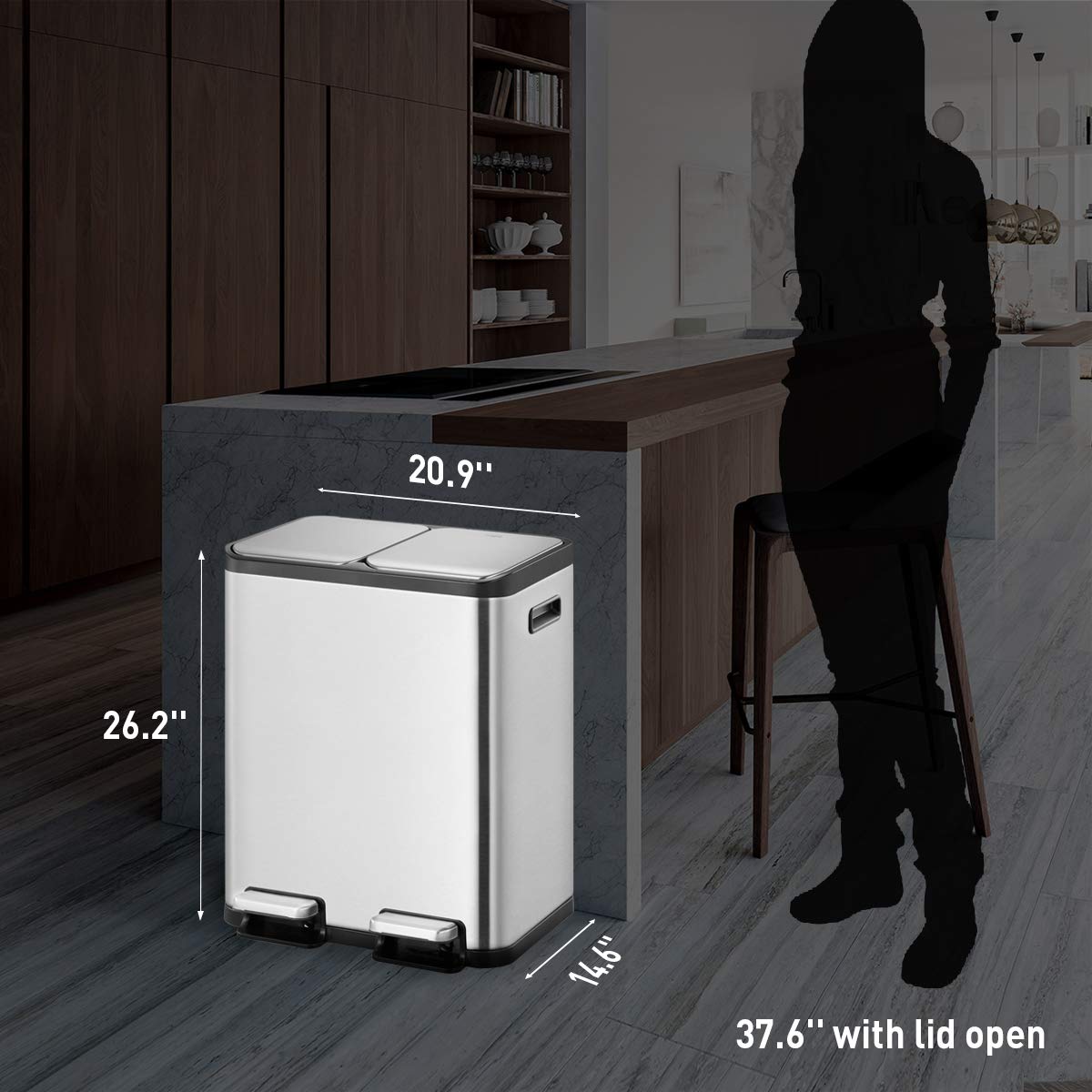 EKO EcoCasa II 30L+30L Dual Compartment Kitchen Recycle Trash Can  Brushed Stainless Steel Finish (EK9129MT-30L+30L)