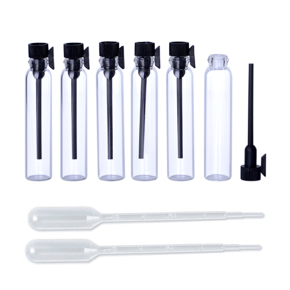 Enslz 100PCS Perfume Samples Mini Bottles With Black Lid Empty Glass Vials Dropper Bottle for Travel and Party(1ml)