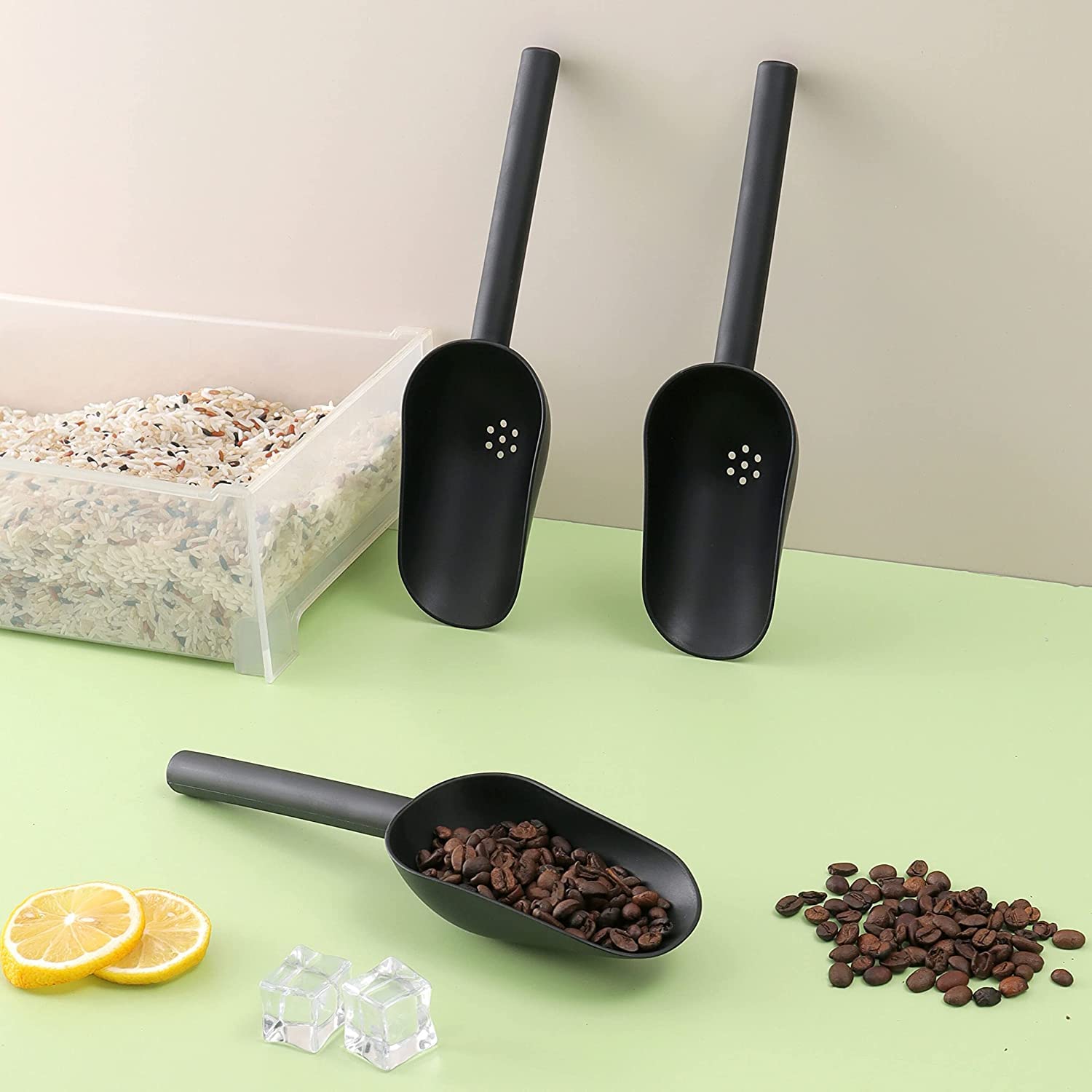 [6 Count] Slotted Plastic Ice Scooper For Ice Maker, Ice Scoop For Freezer, Mini Ice Scoop With Drain Holes, Black Color, One Cu