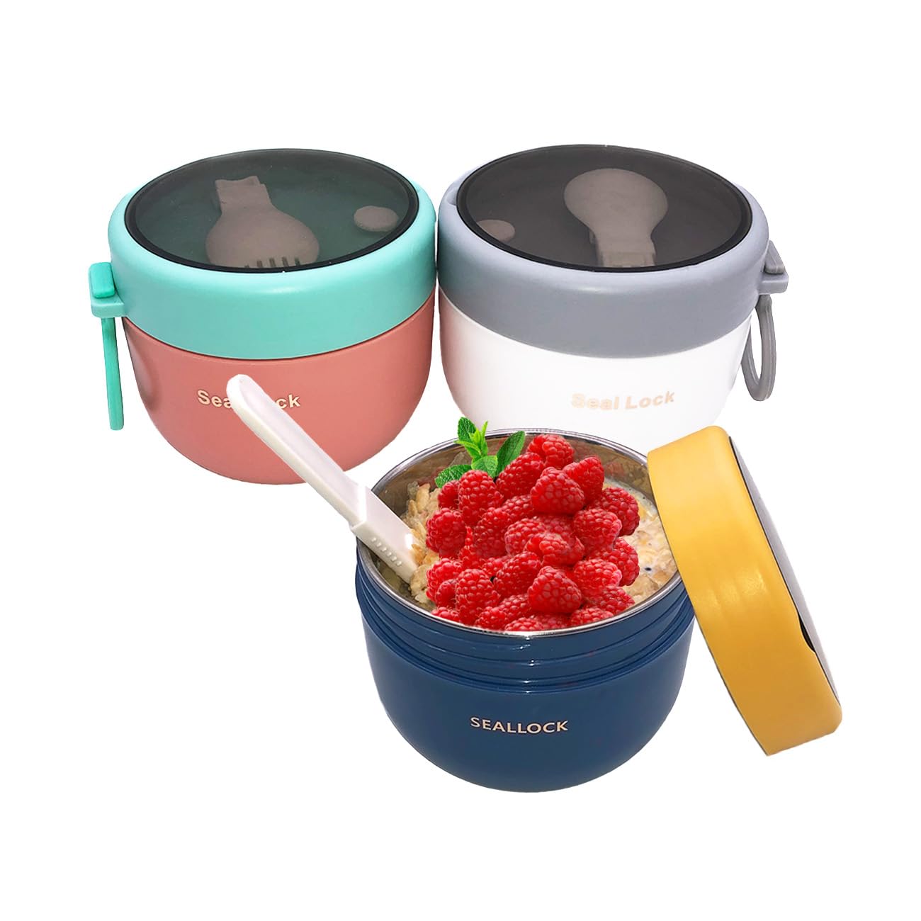 Piscepio Overnight Oat Containers With Lids And Reusable Plastic Spoons,17Oz Portable Stainless Steel Yogurt Breakfast On The Go