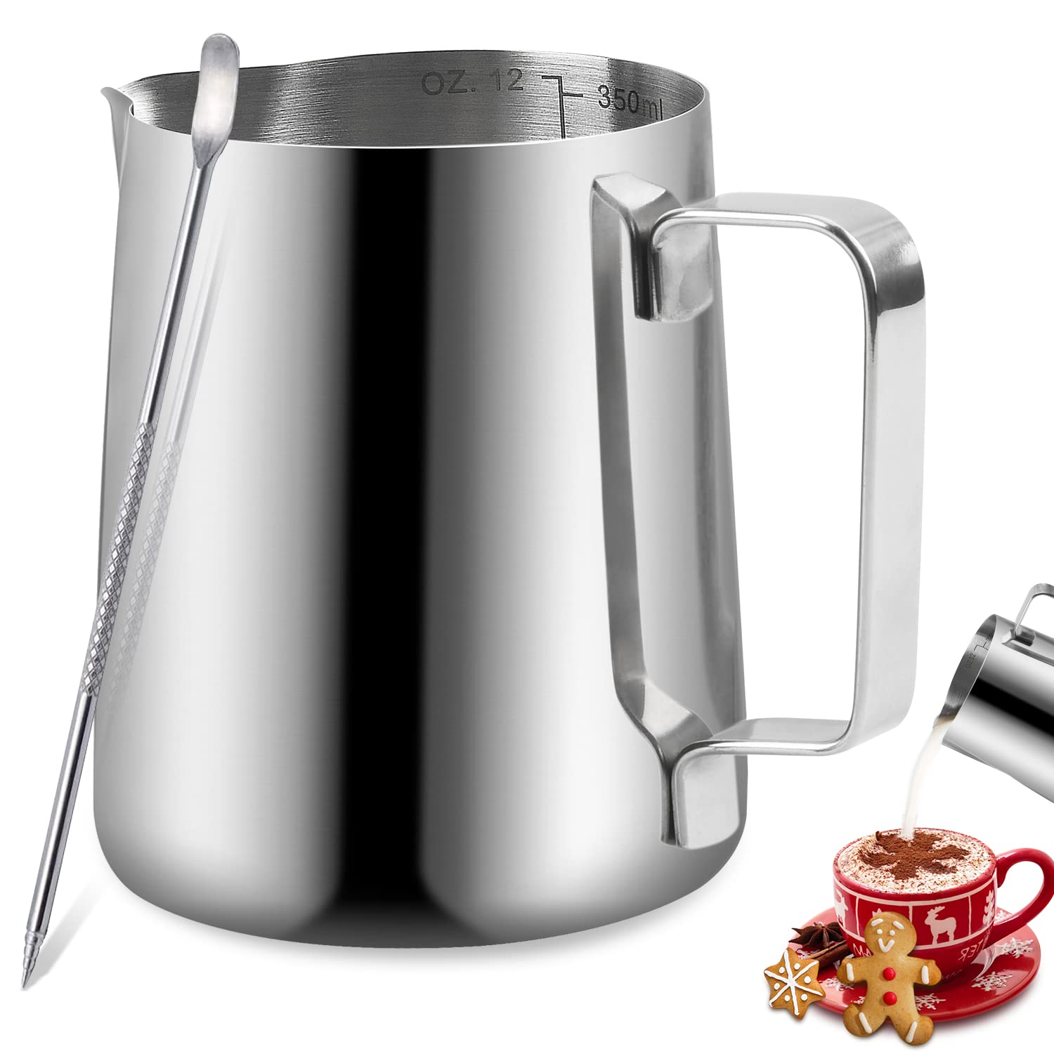 Milk Frothing Pitcher, Stainless Steel Espresso Milk Frothing Pitcher 12Oz/350Ml Coffee Milk Frother Cup With Decorating Art Pen