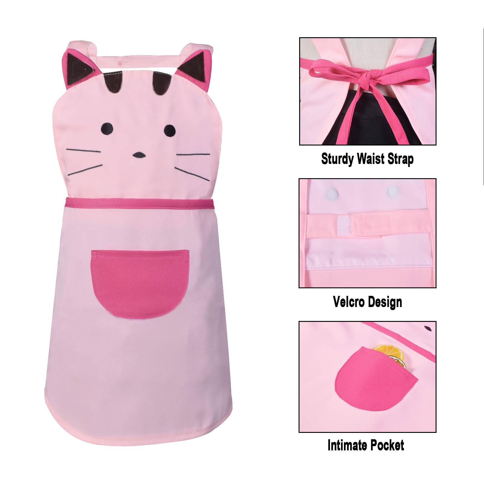Love Potato Cute Girls Toddler Cartoom Cat Embroidered Cotton Kitchen Cooking Baking Apron For Kids 2-4 Years Old (Pink)