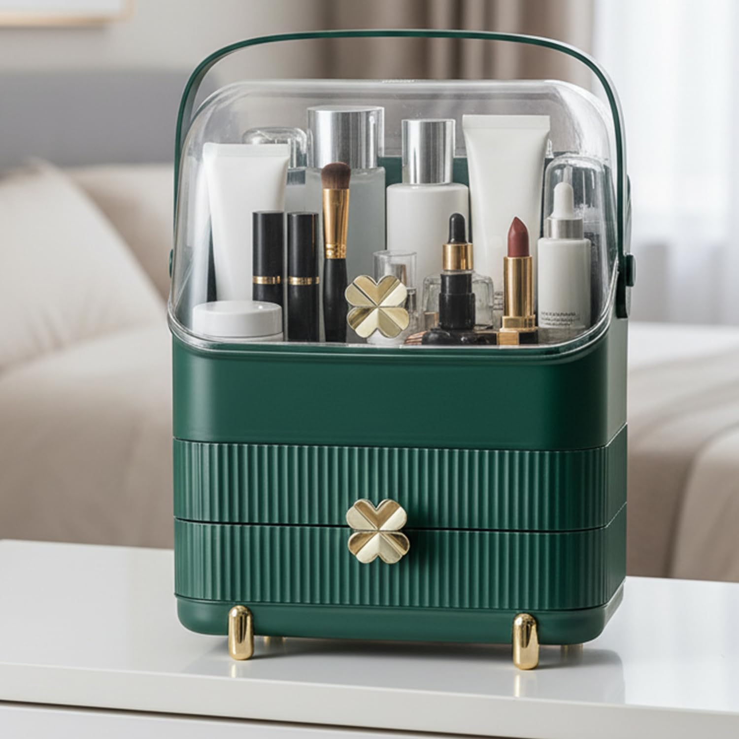 Amazon Basics Glossy Hips+Ps Cosmetic Storage Organizer | 28  18  36 Cm | 3 Compartments | Waterproof & Dustproof Lid | Green