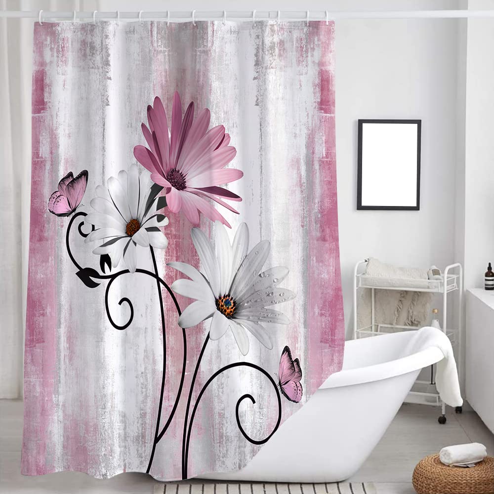 Veivian Rustic Farmhouse Shower Curtain, Farm Pink Daisy Floral Flowers And Butterfly On Country Wooden Shower Curtain For Bathr
