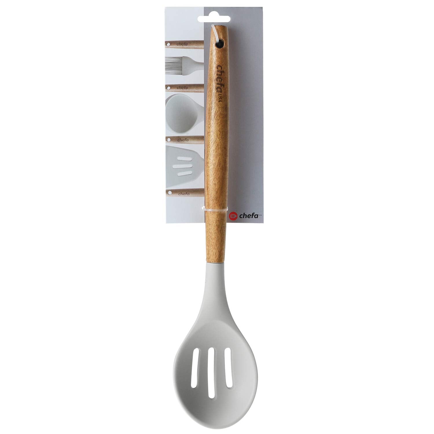 Chefa Usa Silicone Slotted Serving Spoon - With Wooden Handle, Non-Stick Cookware Heat Resistant Kitchen Utensil - Light Gray