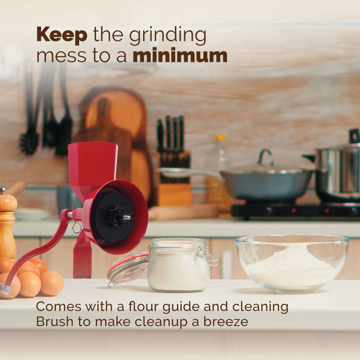WONDERMILL Hand Grain Mill Deluxe - Red Manual Grinder for Dry/Oily Grains, 18x14x7 inches