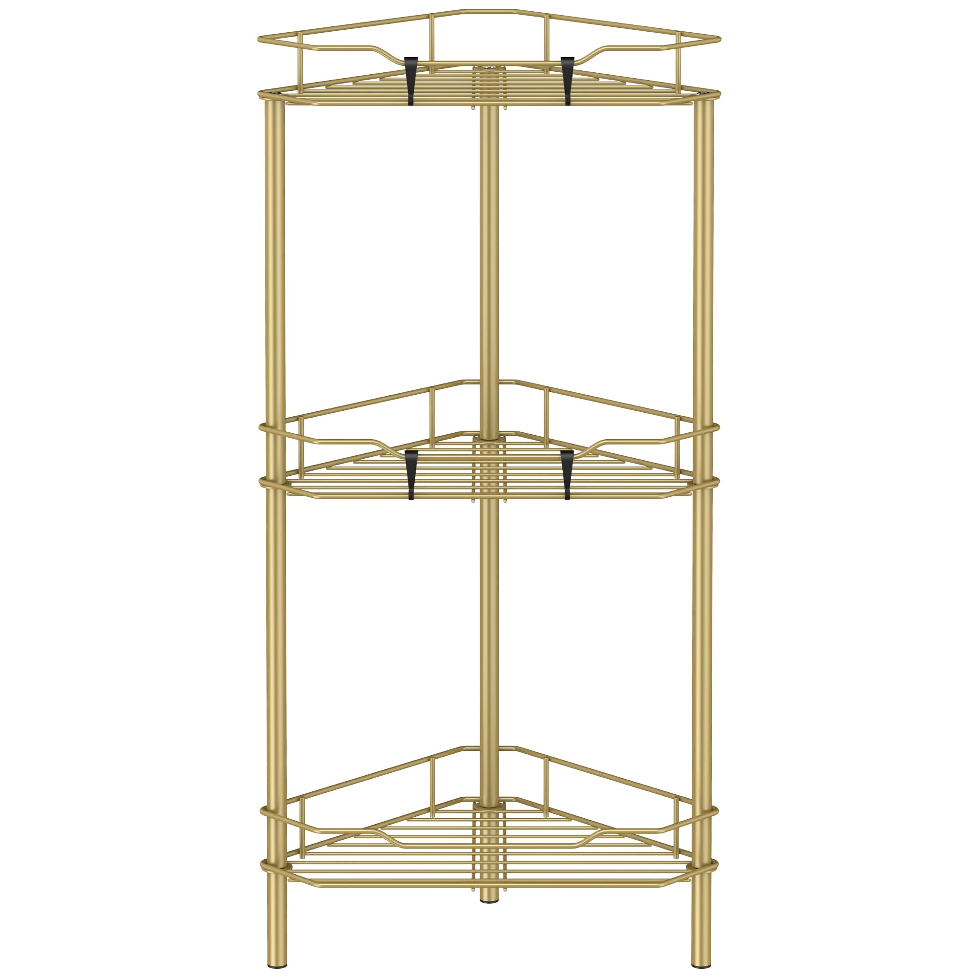 HuggieGems 3 Tier Floor Standing Corner Shower Caddy Organizer Shelf with Hooks, Bathroom Shelves Stand Rack, Gold