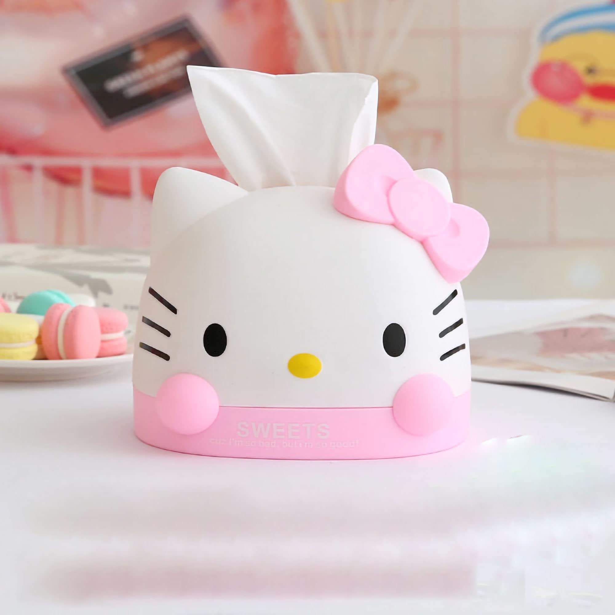 N/C Kawaii Pink Hello Kitty Tissue Box for Living Room Bedroom Bathroom car Office Tissue Dispenser Box  Table Decoration  6.8 x 6.7 x 6.6 ''