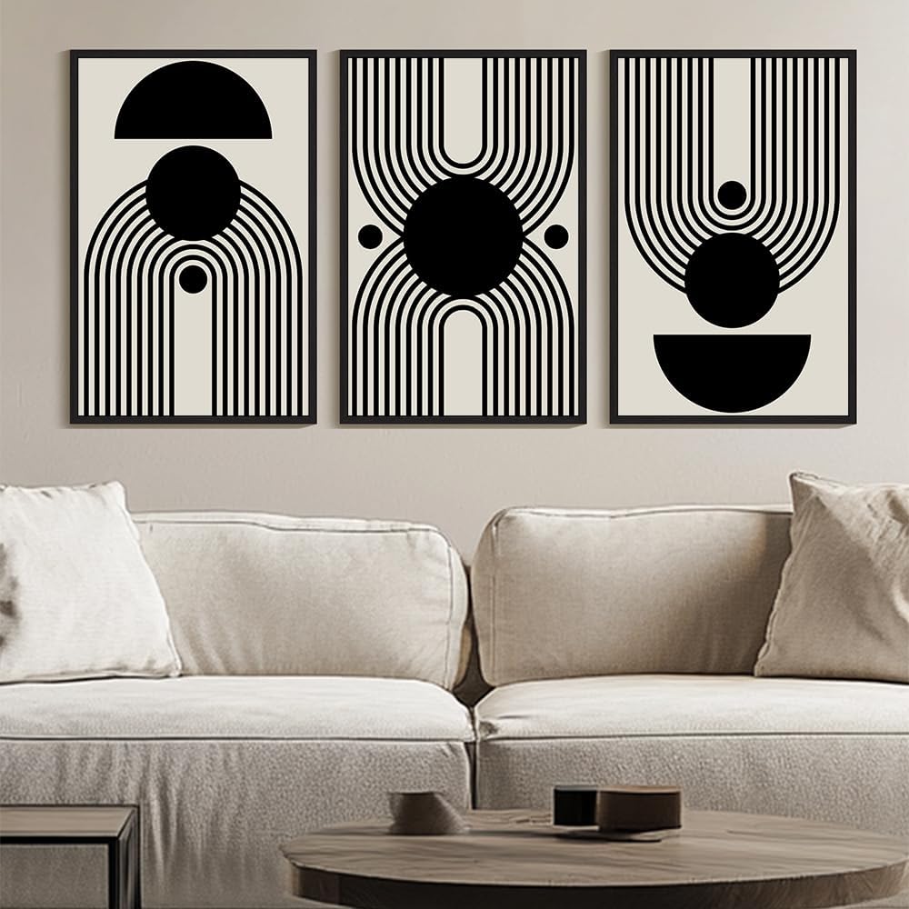 Kuvioke Black Abstract Framed Wall Art Minimalist Geometry Lines Painting Artwork For Living Room Bedroom 24X36In (Black Framed)