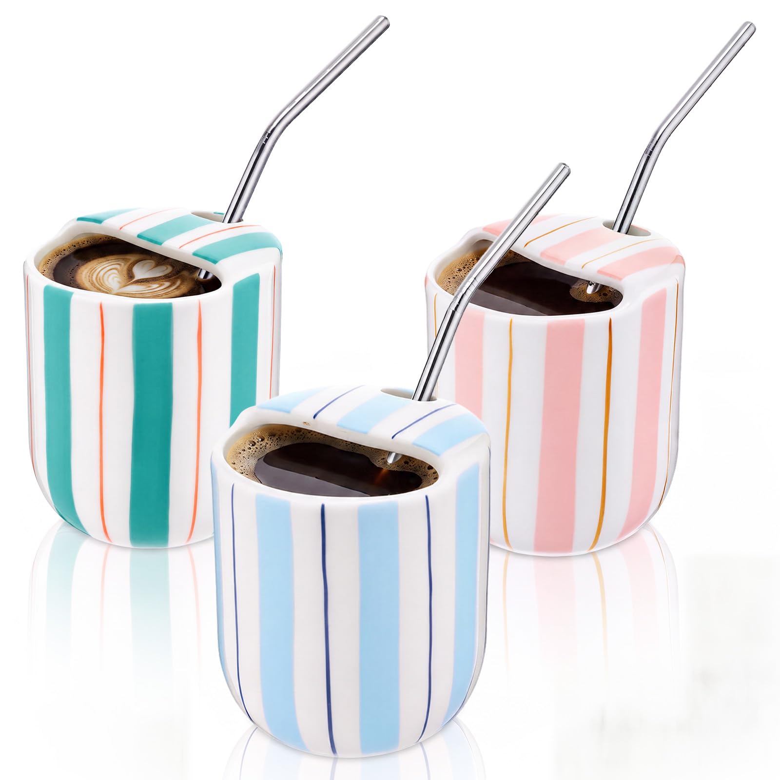 3 Set 12oz Ceramic Coffee Mug with Straw and Sip Hole Striped Coffee Cup