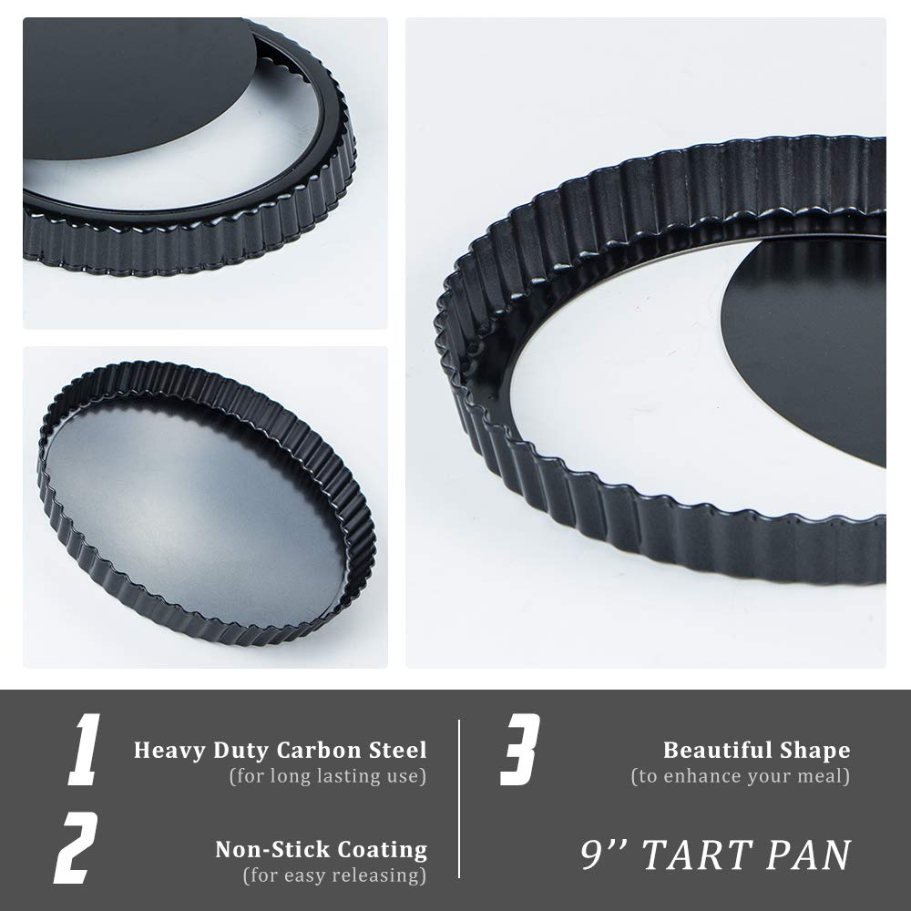 Webake 9 Inch Round Tart Pan With Removable Loose Bottom, Non-Stick Carbon Steel Fluted Flan Quiche Pan Large Tart Tin