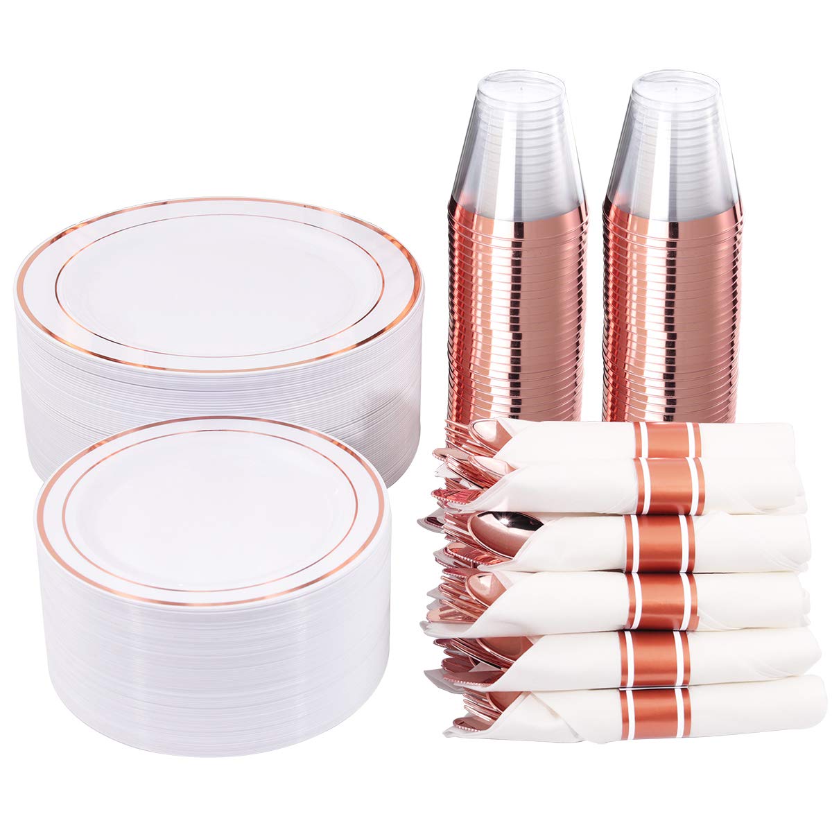 Wellife 350 Pieces Rose Gold Plastic Dinnerware, 50 Guests Disposable Plates With Rose Gold Silverware And Cups 9 Oz, 50 Pre Rol