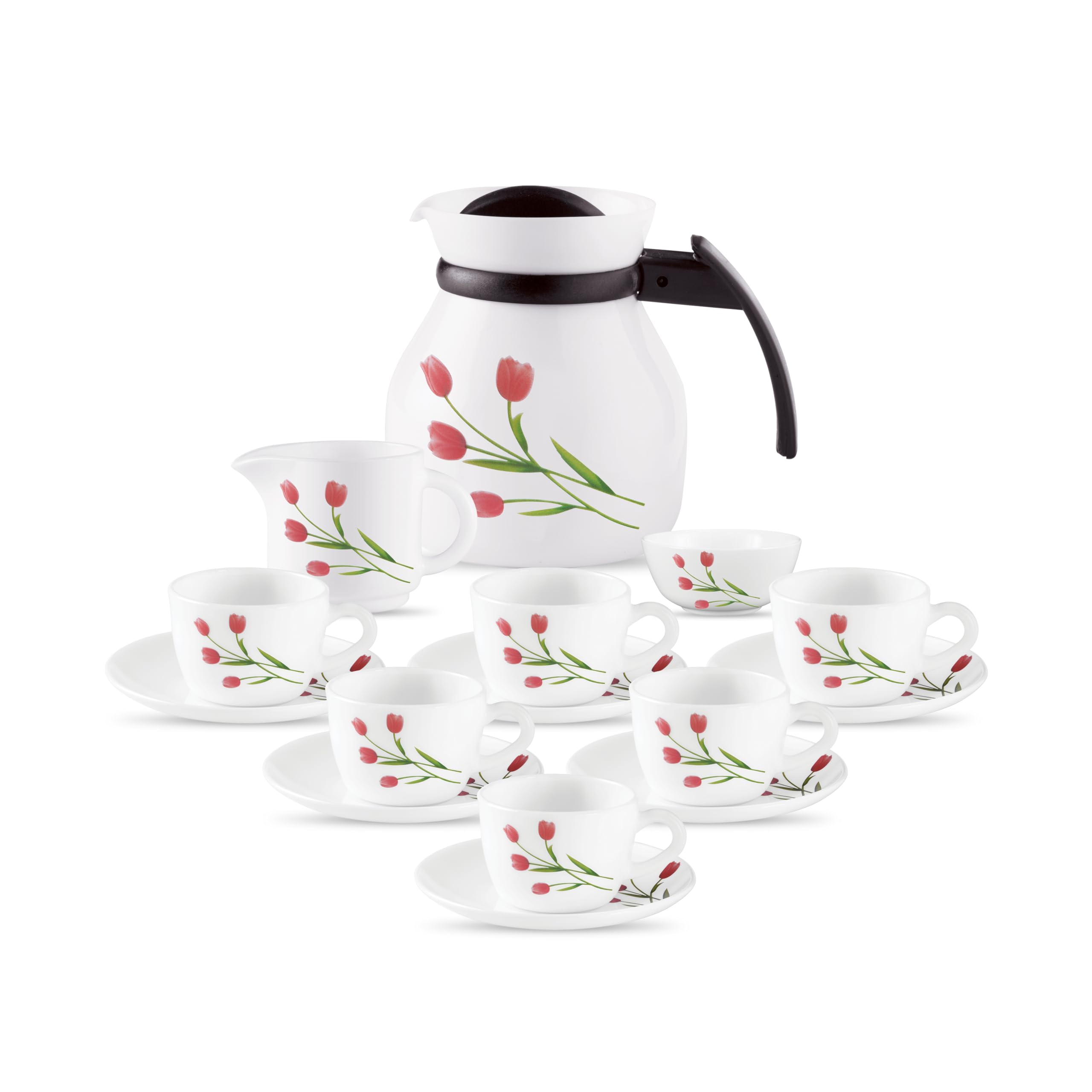 La Opala Novo Collection Opal Glass Crockery | Tea Set 15 Pcs | Cup & Saucer With Tea Pot, Milk Pot & Sugar Bowl, Radiant Curves