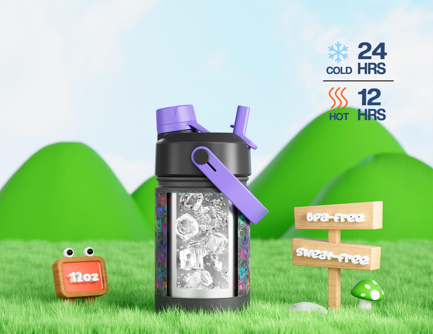18 oz Insulated Water Bottle for Kids: Glow-in-the-Dark, 2-in-1 Straw Spout Lid, Leakproof, BPA-Free, Keep Cold 24H, Stainless S