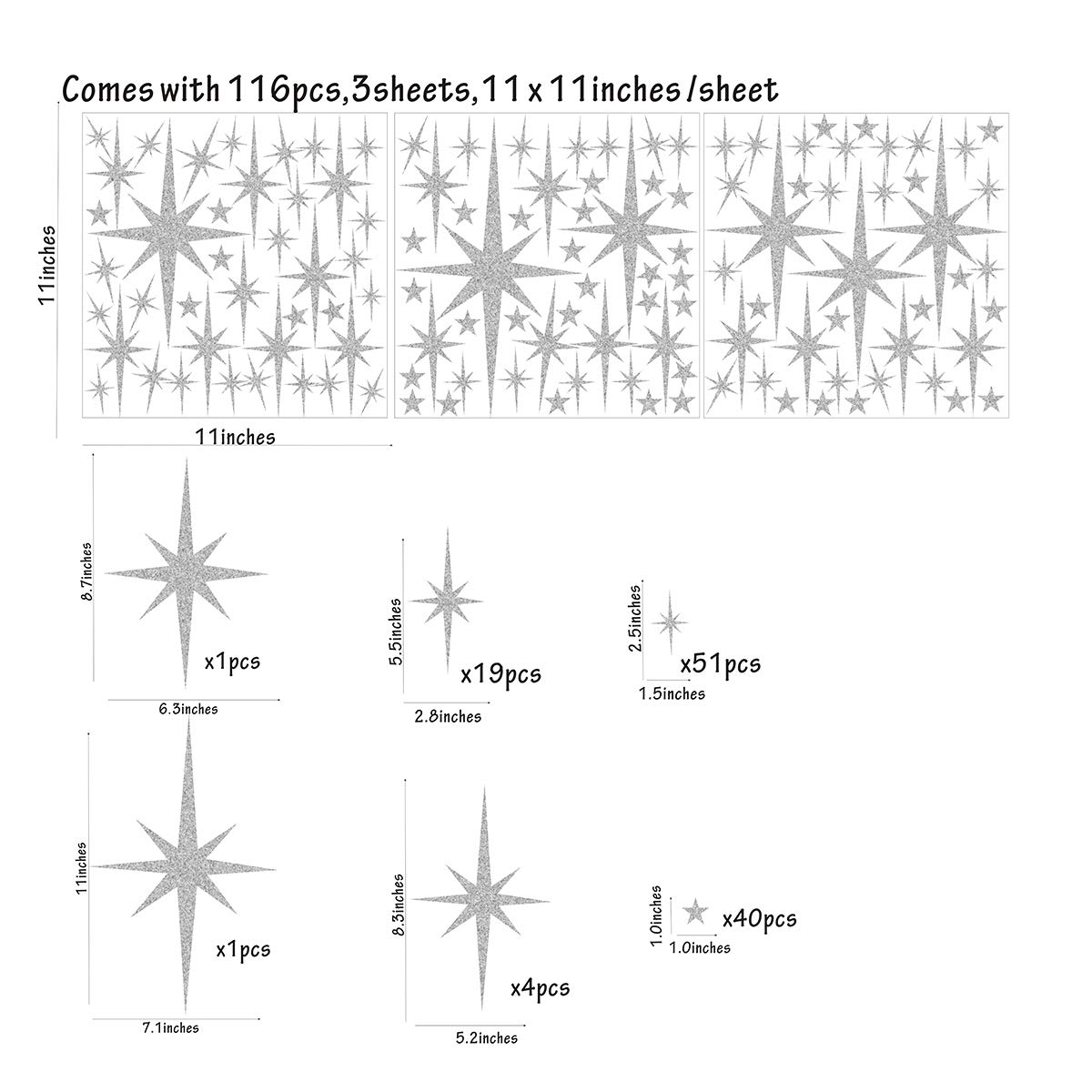 Easma Retro Starburst Wall Decals - 116pcs Vinyl Peel and Stick Stars - Vintage Silver Geometric Nursery Decor
