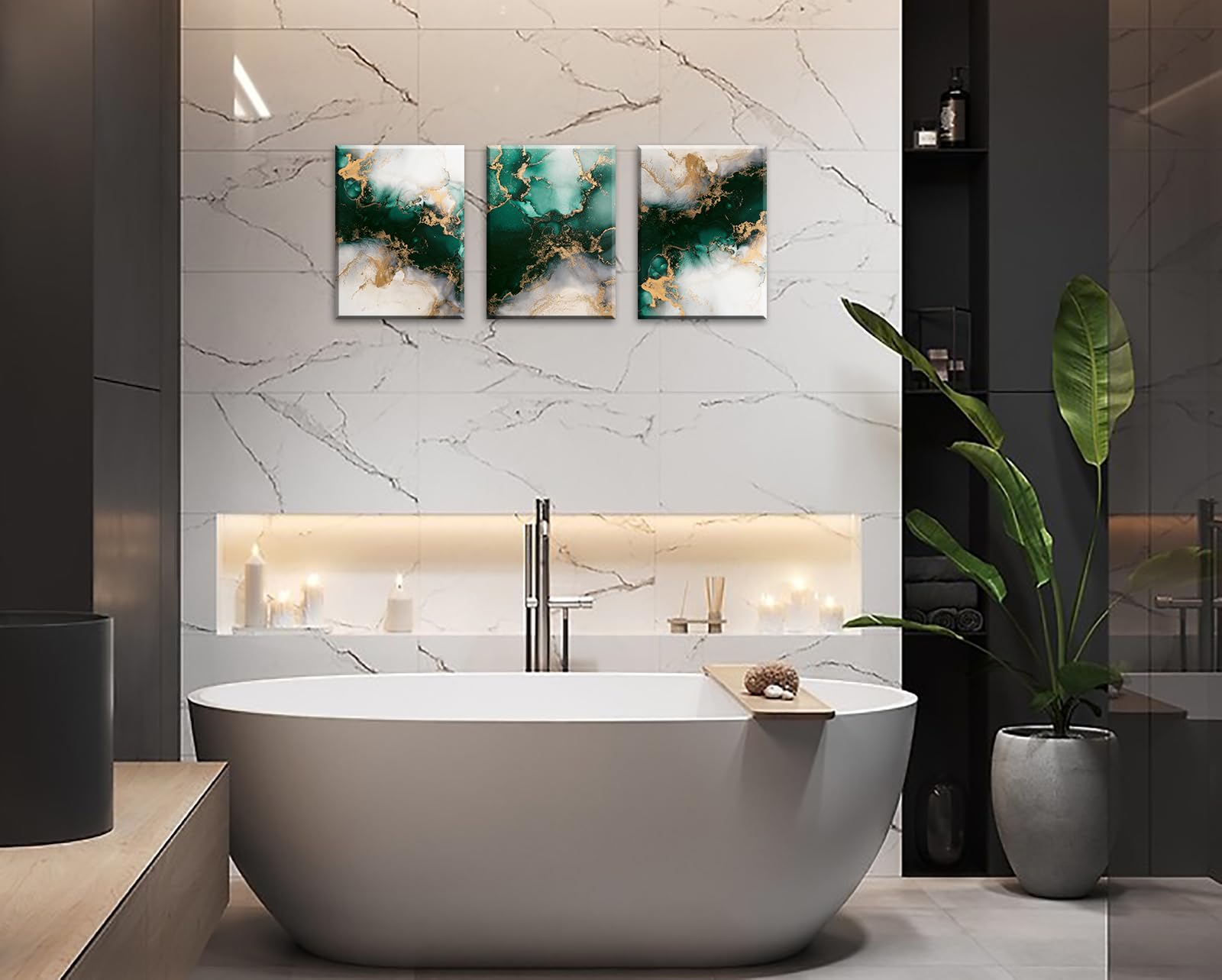 JiazuGo Emerald Green Bathroom Decor Modern Abstract Canvas Wall Art Bedroom Living Room Wall Decor Green and Gold Fluid Abstract Marble Texture Painting Pictures Home Decorations 12'' X 16'' X 3 Pieces