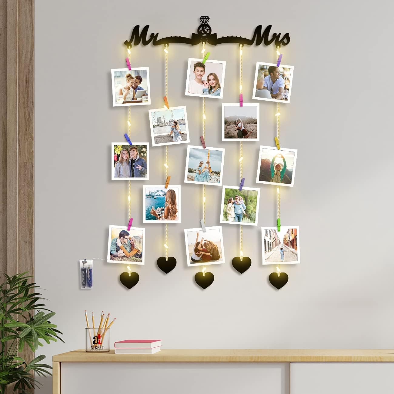 Art Street Mr & Mrs Mdf Plaque Clip Photo Frame Collage Hanging Frame With Wooden Clips With Led Lights, Valentine Day Gift (Bla