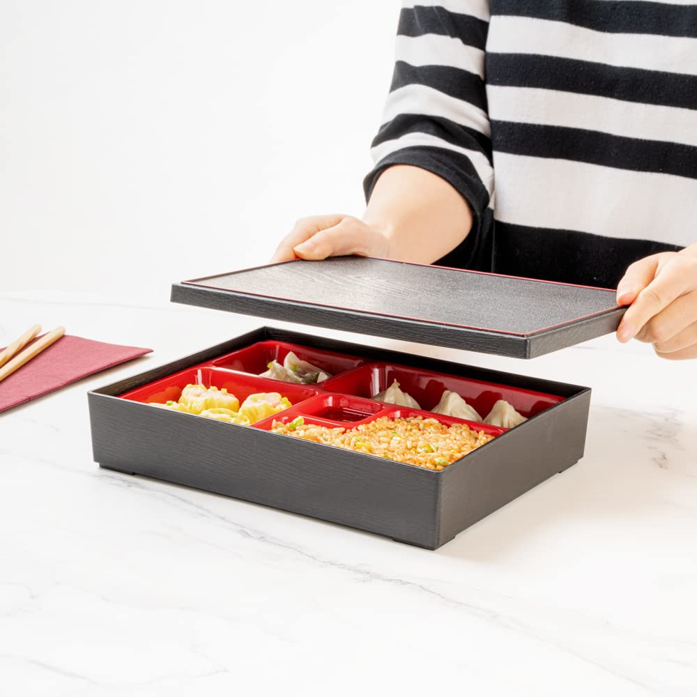 Restaurantware Bento Tek Rectangle Black & Red Small Japanese Style Bento Box - 5 Compartments - 10 3/4'' X 8 1/4'' X 2 1/4'' -